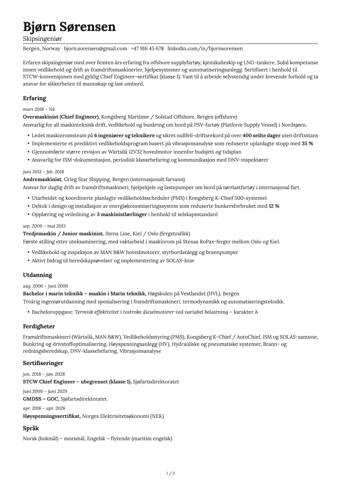 Skipsingeniør resume example
