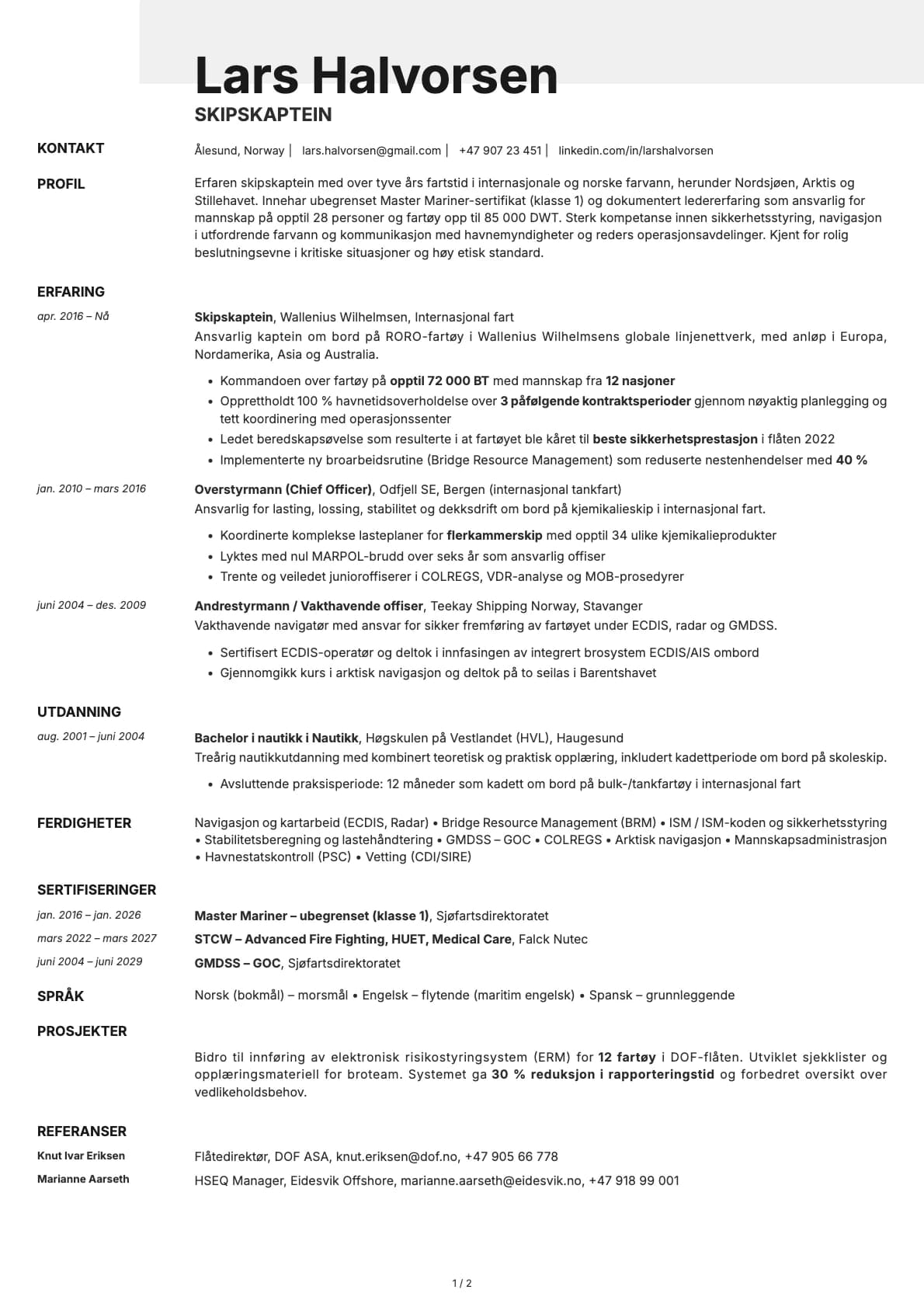 Skipskaptein resume example