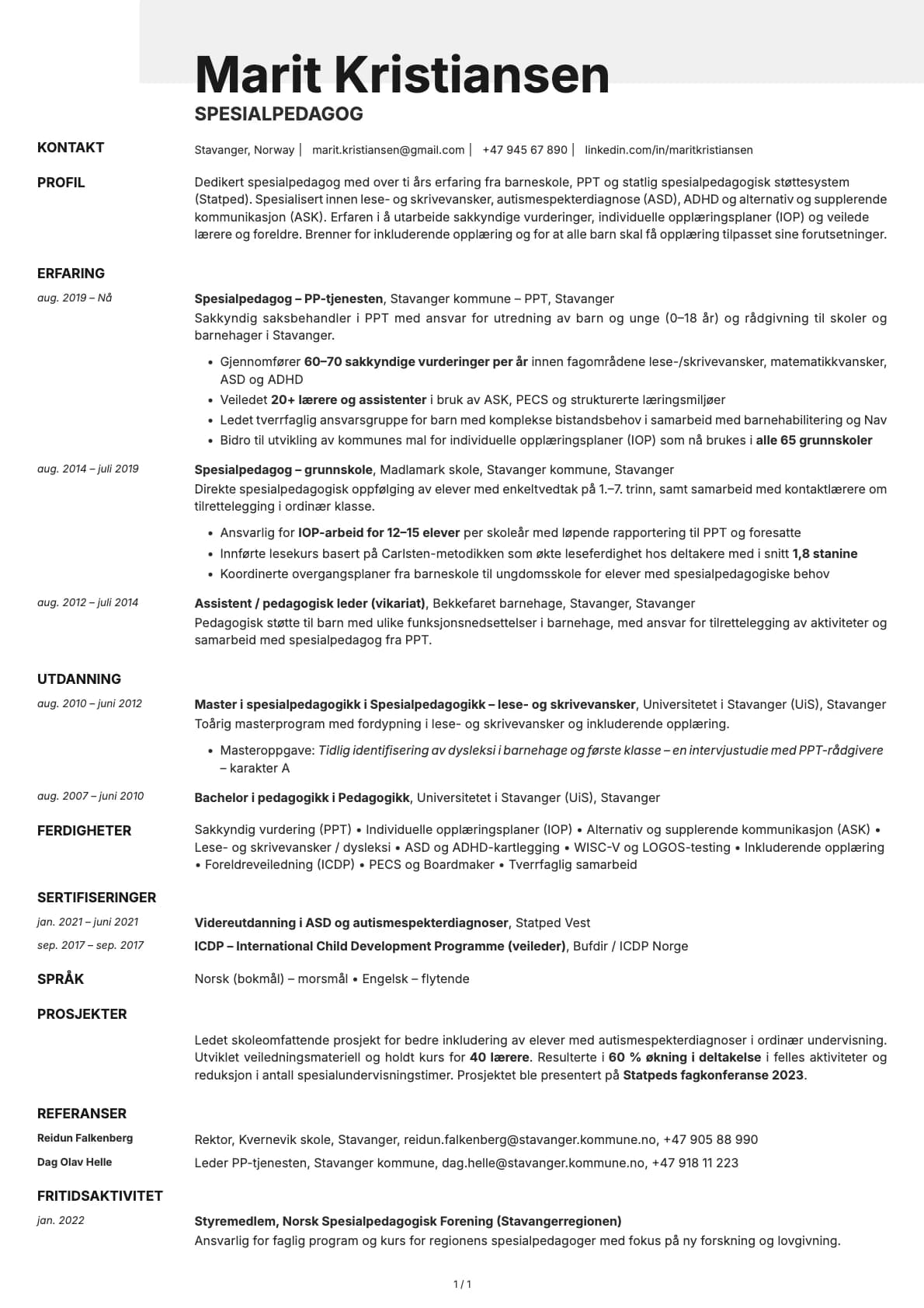 Spesialpedagog resume example
