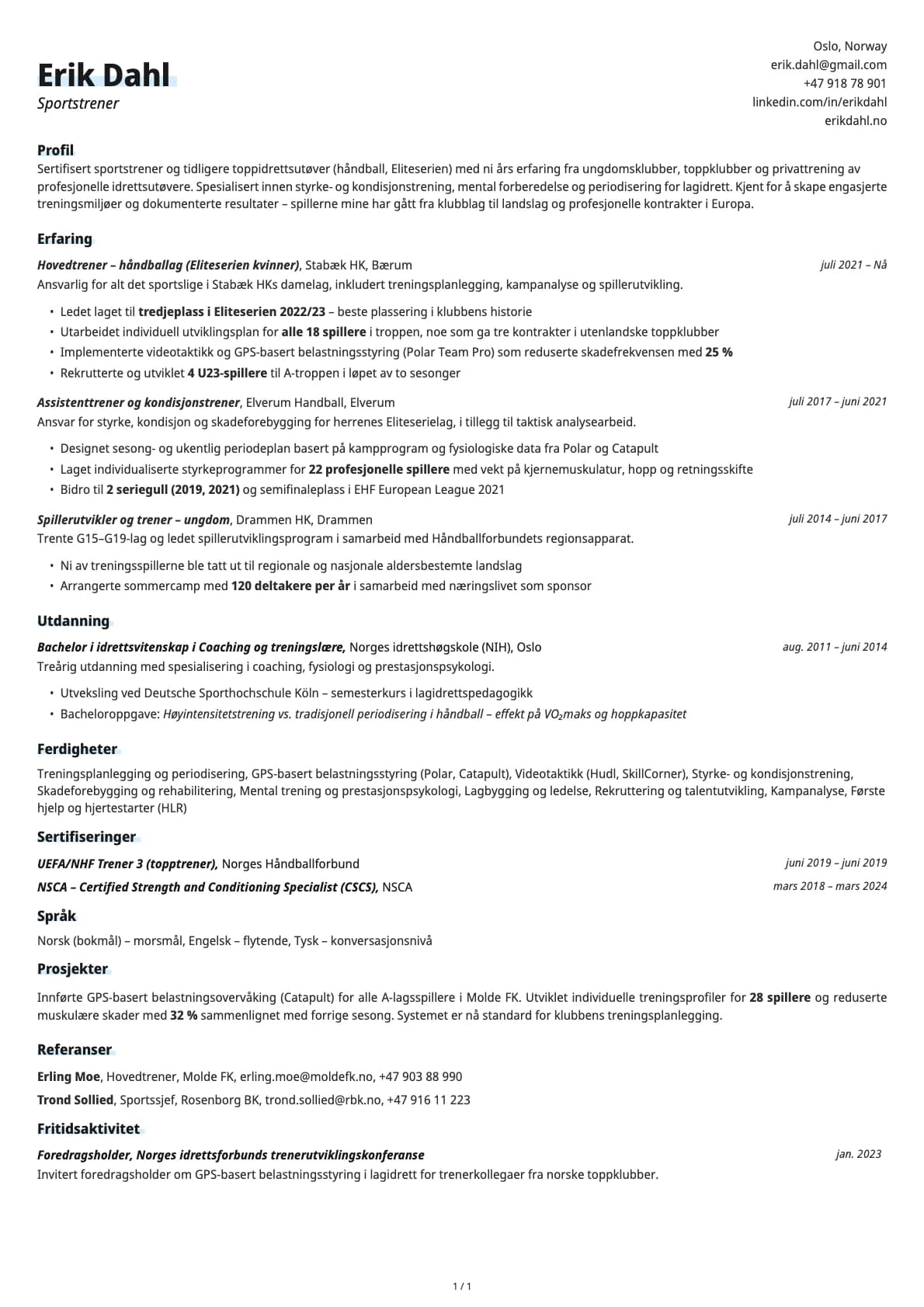 Sportstrener resume example
