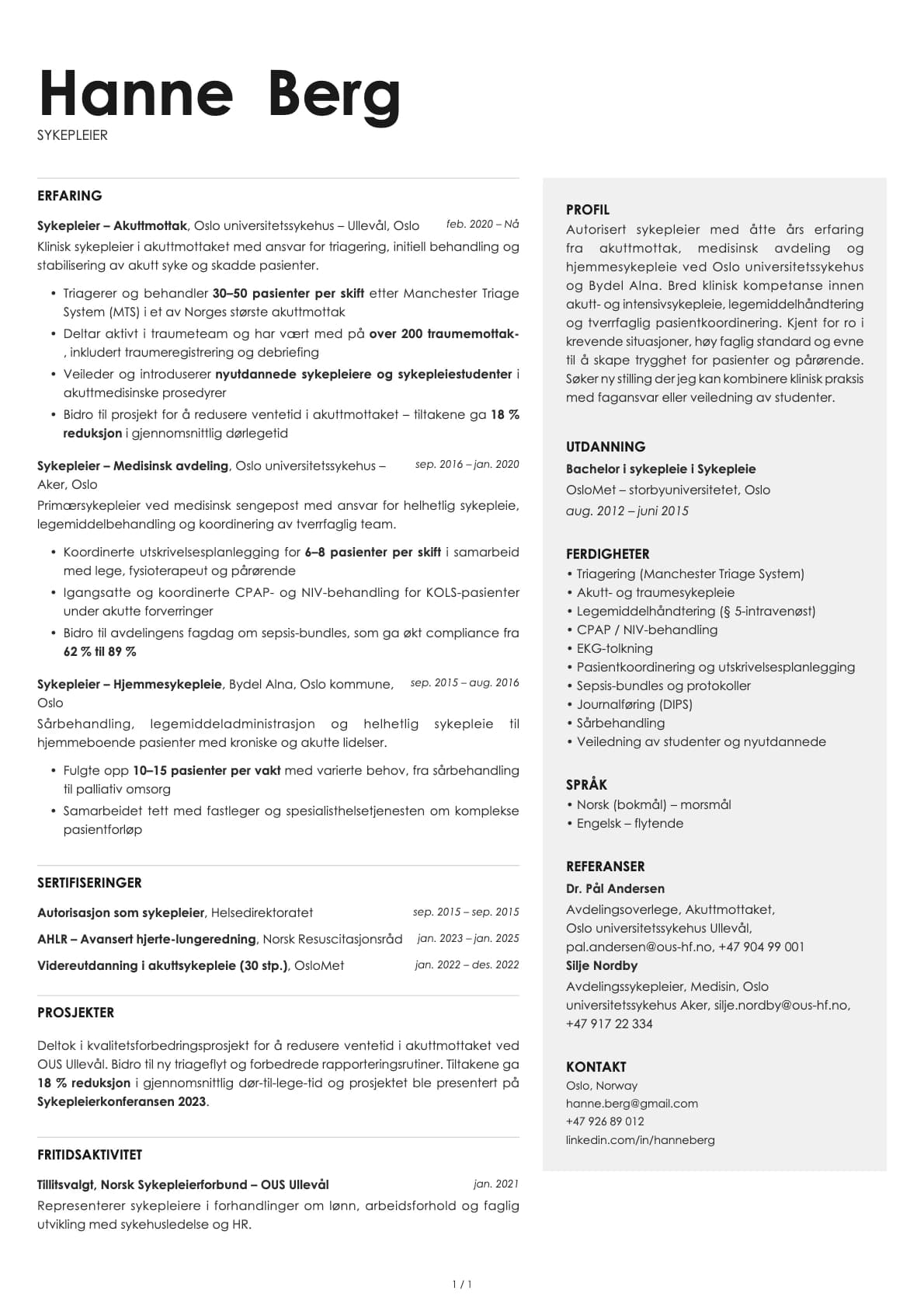 Sykepleier resume example