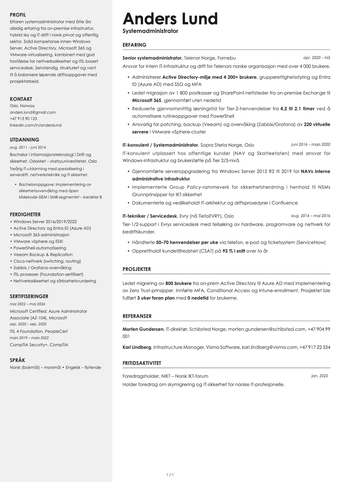 Systemadministrator resume example