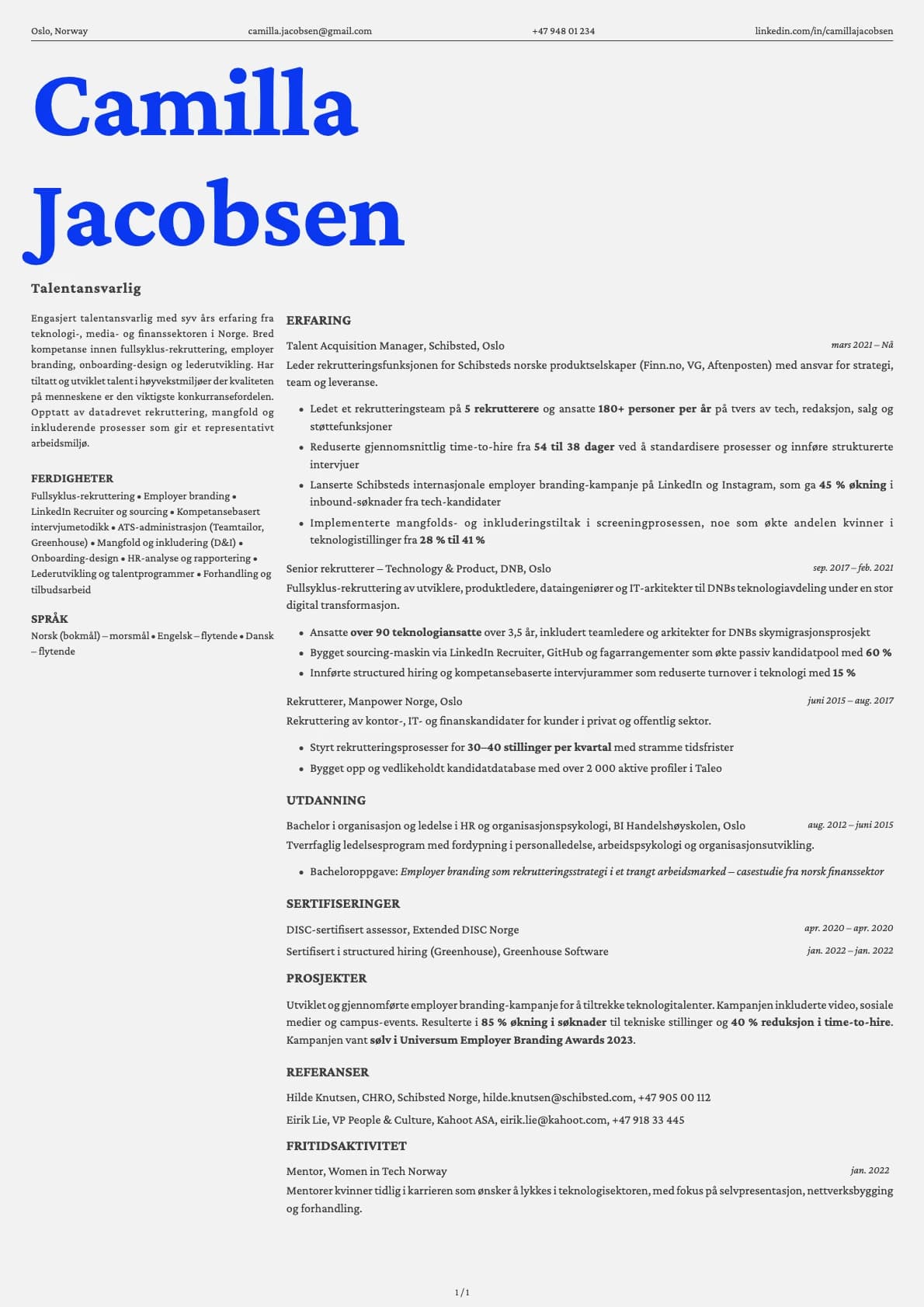 Talentansvarlig resume example