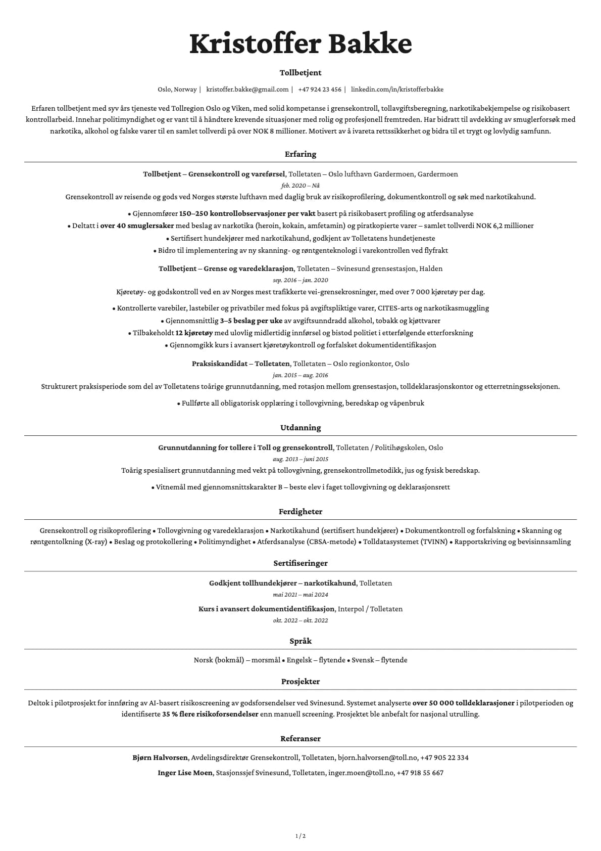 Tollbetjent resume example