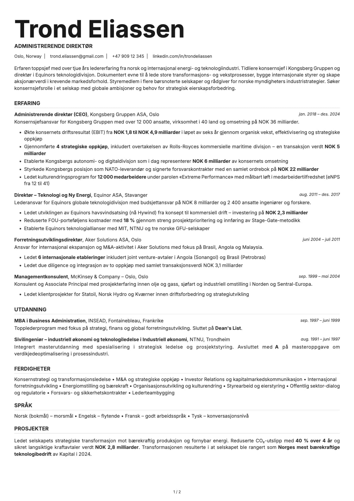 Administrerende direktør resume example