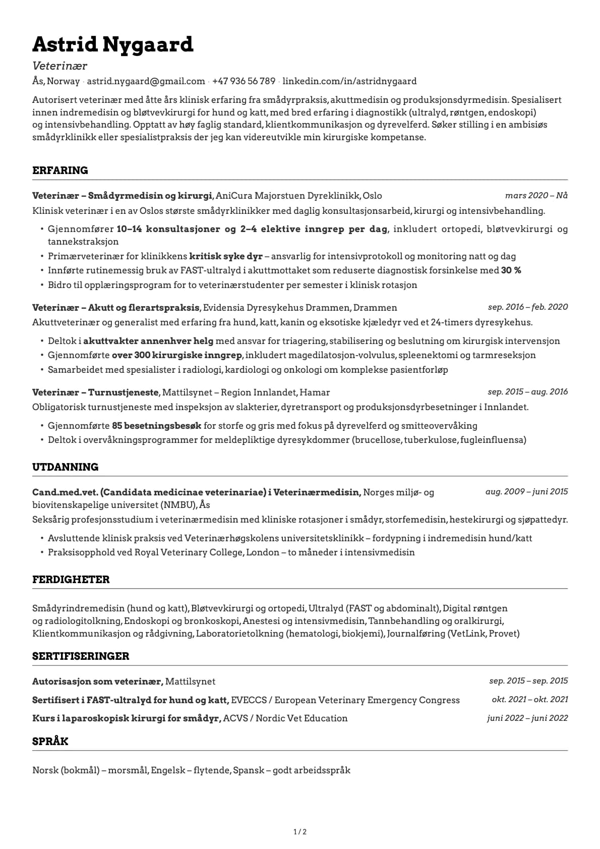 Veterinær resume example