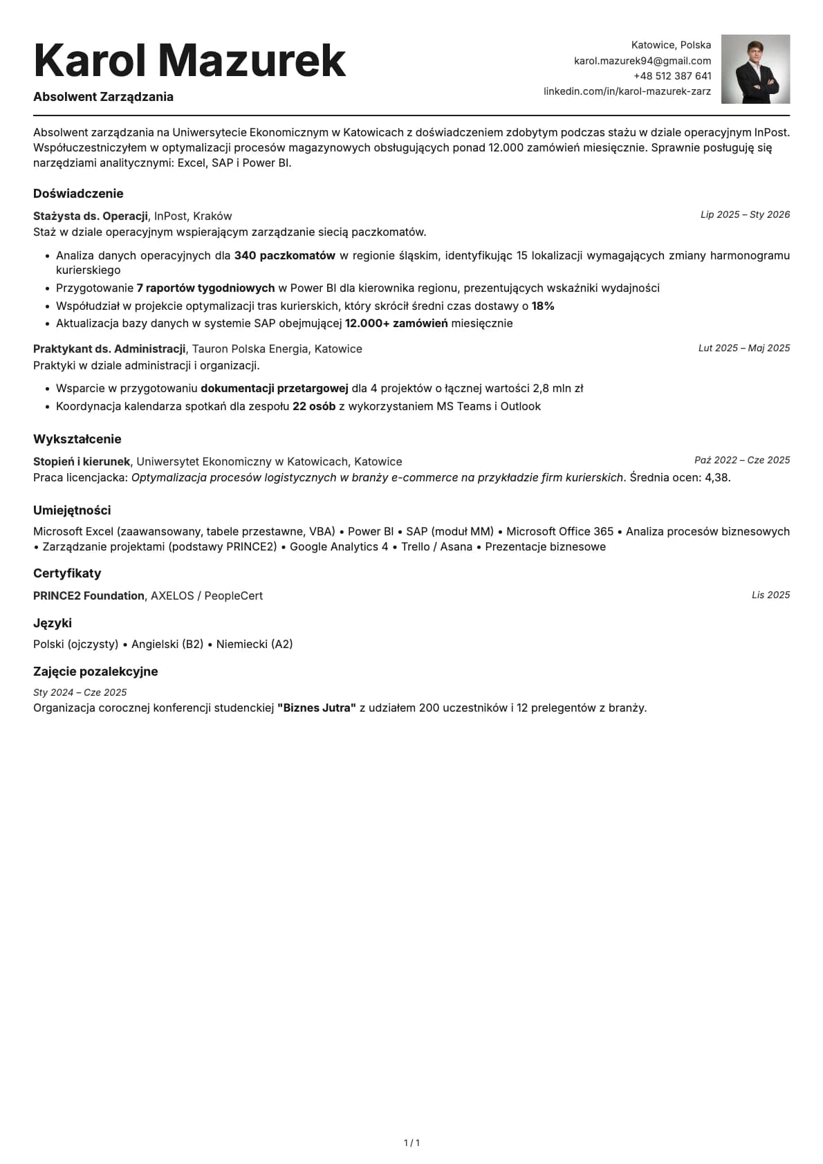 Absolwent Zarzadzania resume example