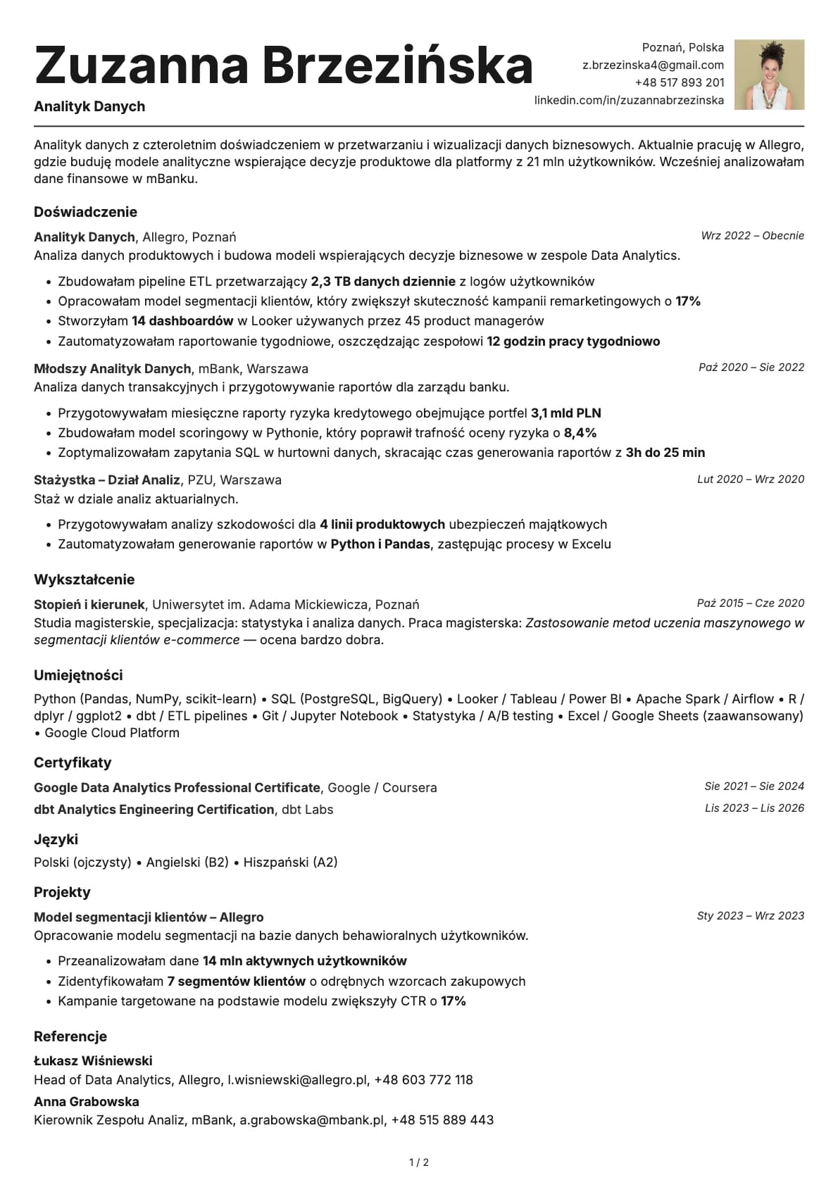 Analityk Danych resume example