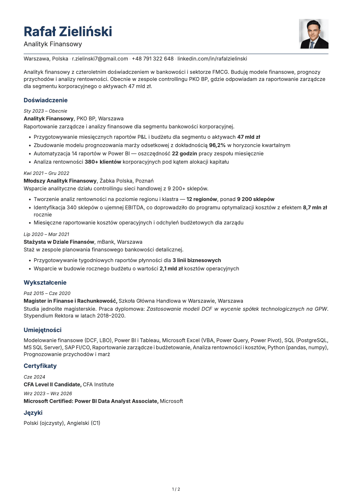 Analityk Finansowy resume example