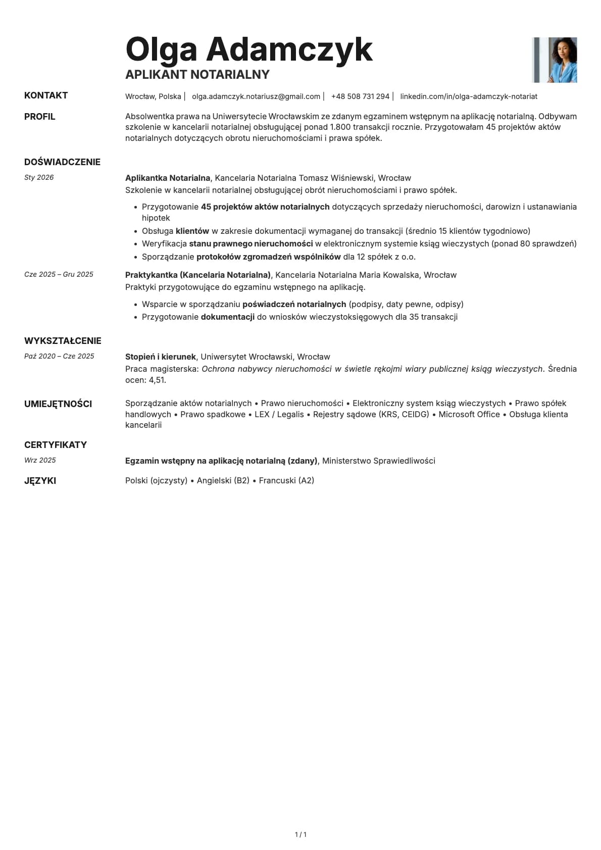 Aplikant Notarialny resume example