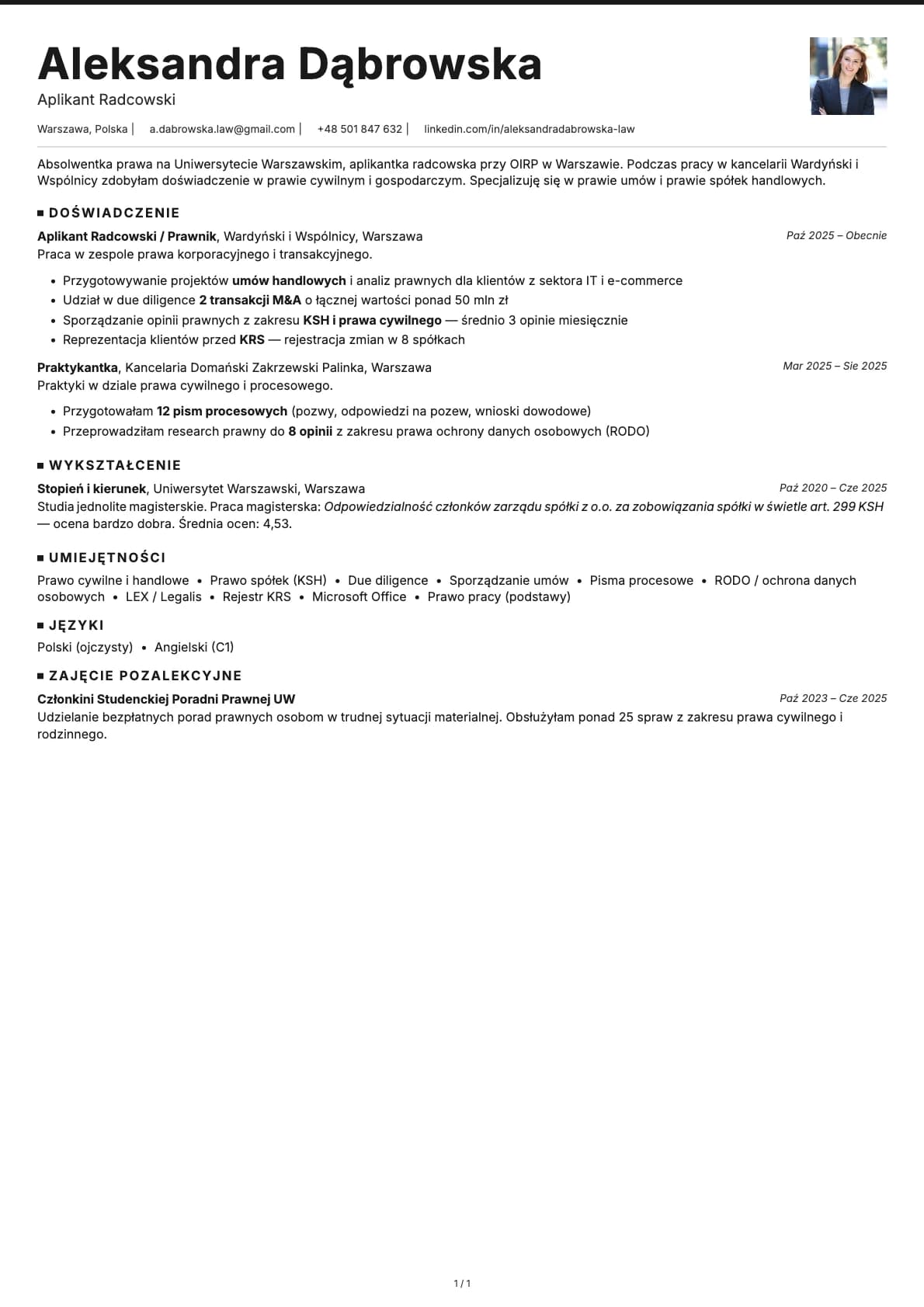 Aplikant Radcowski resume example