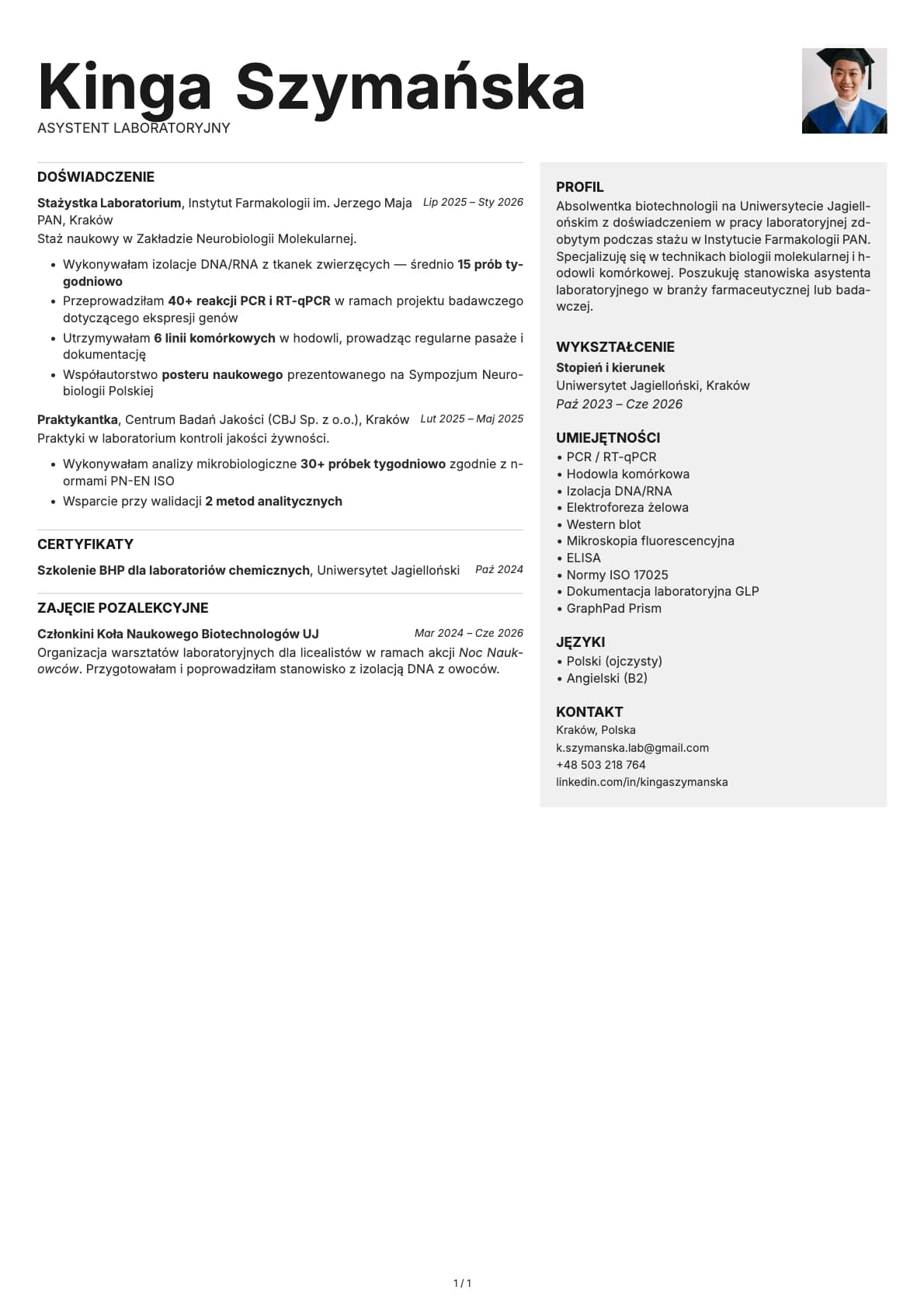 Asystent Laboratoryjny resume example