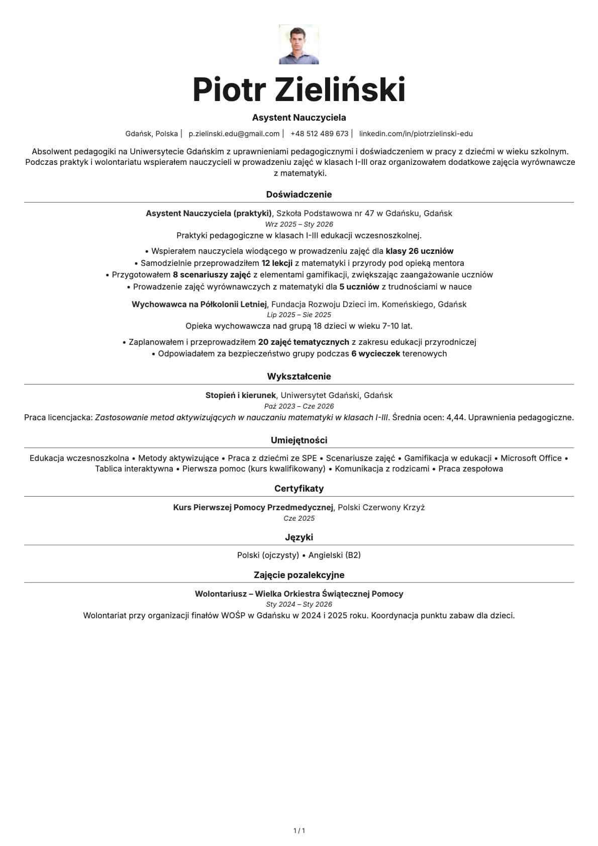 Asystent Nauczyciela resume example