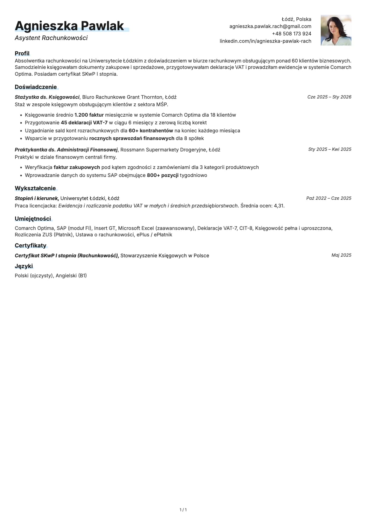 Asystent Rachunkowosci resume example