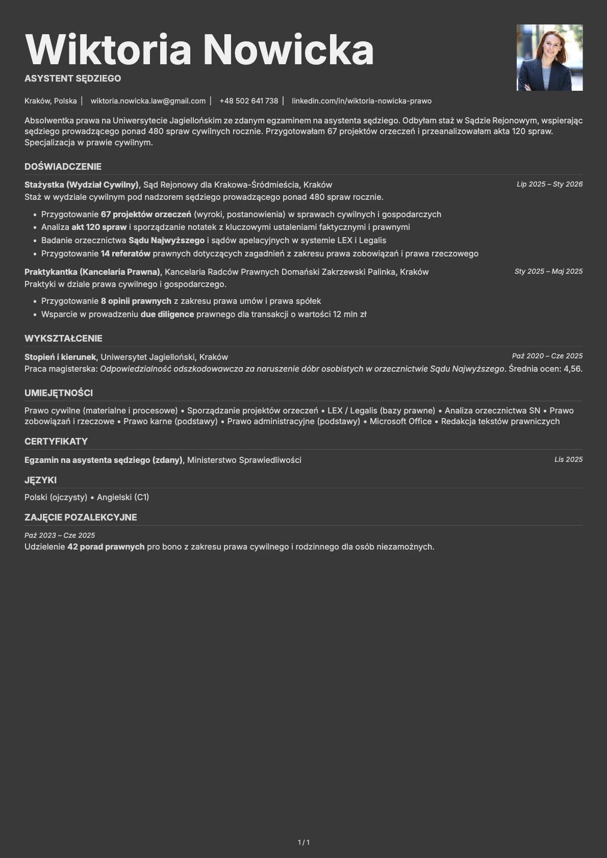 Asystent Sedziego resume example