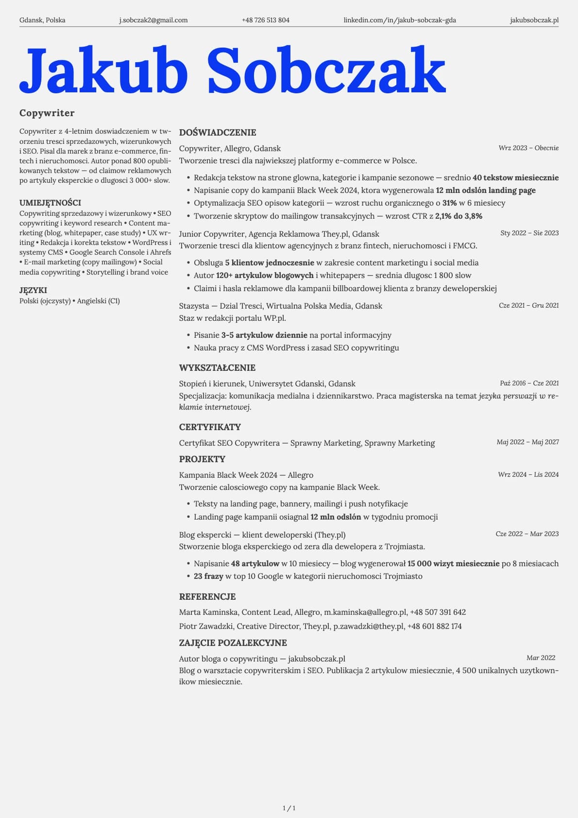 Copywriter resume example