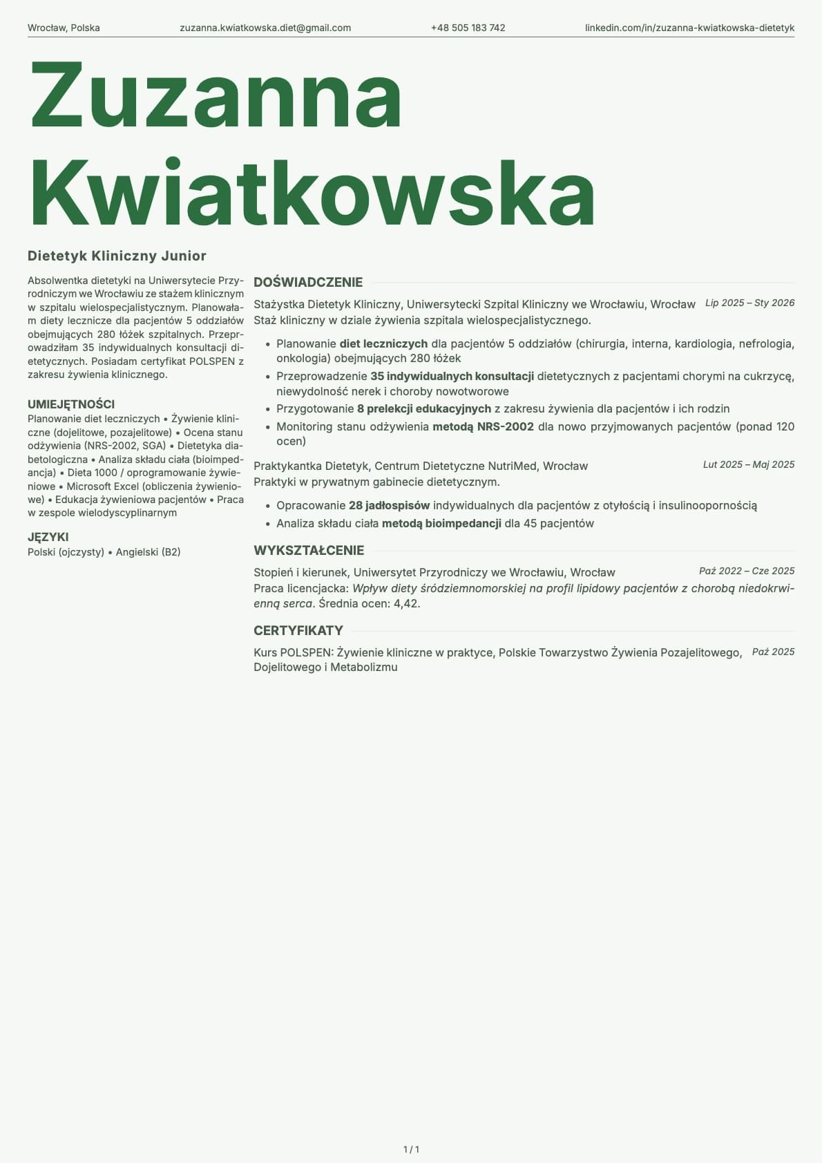 Dietetyk Kliniczny Junior resume example