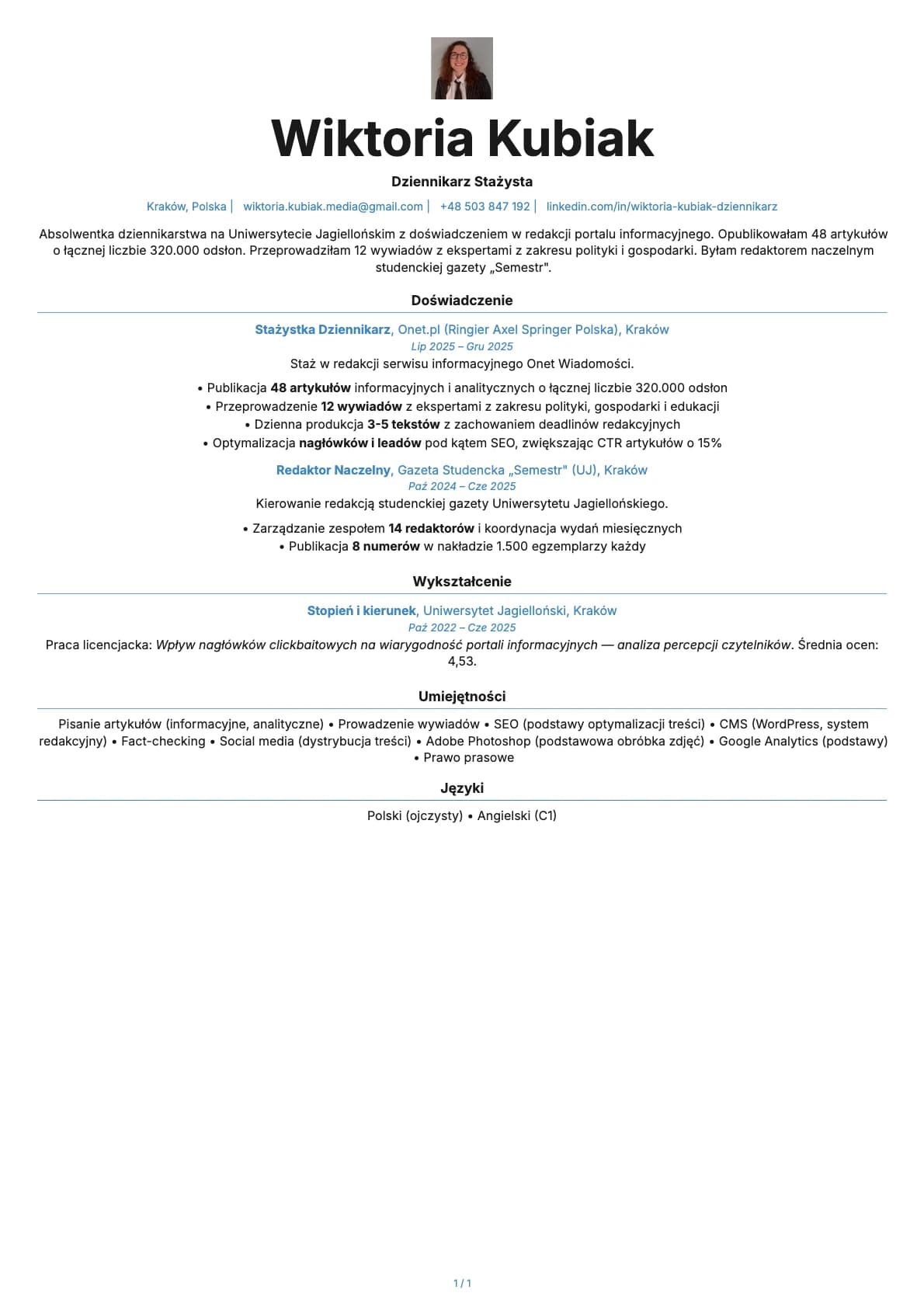 Dziennikarz Stazysta resume example