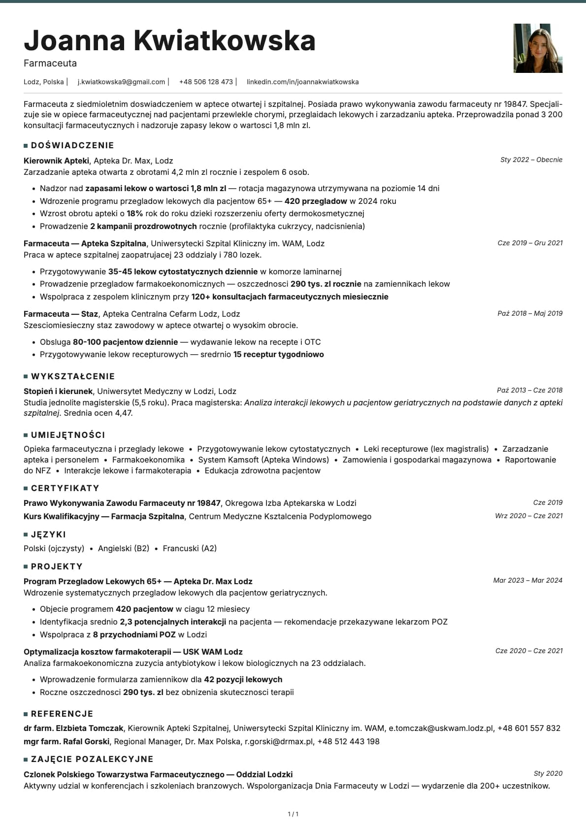 Farmaceuta resume example