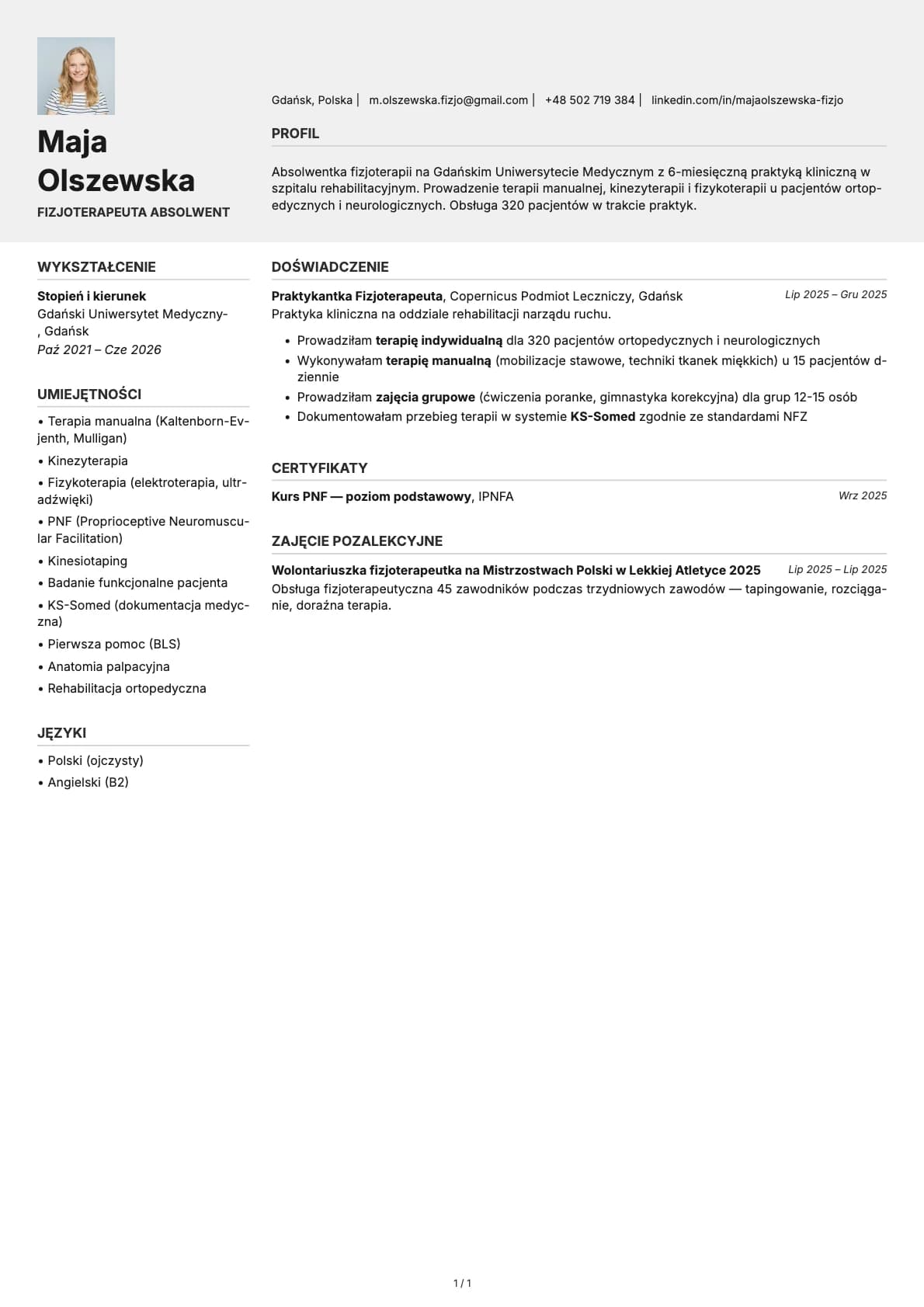Fizjoterapeuta Absolwent resume example