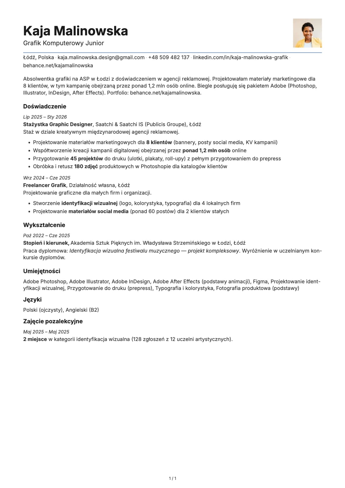 Grafik Komputerowy Junior resume example