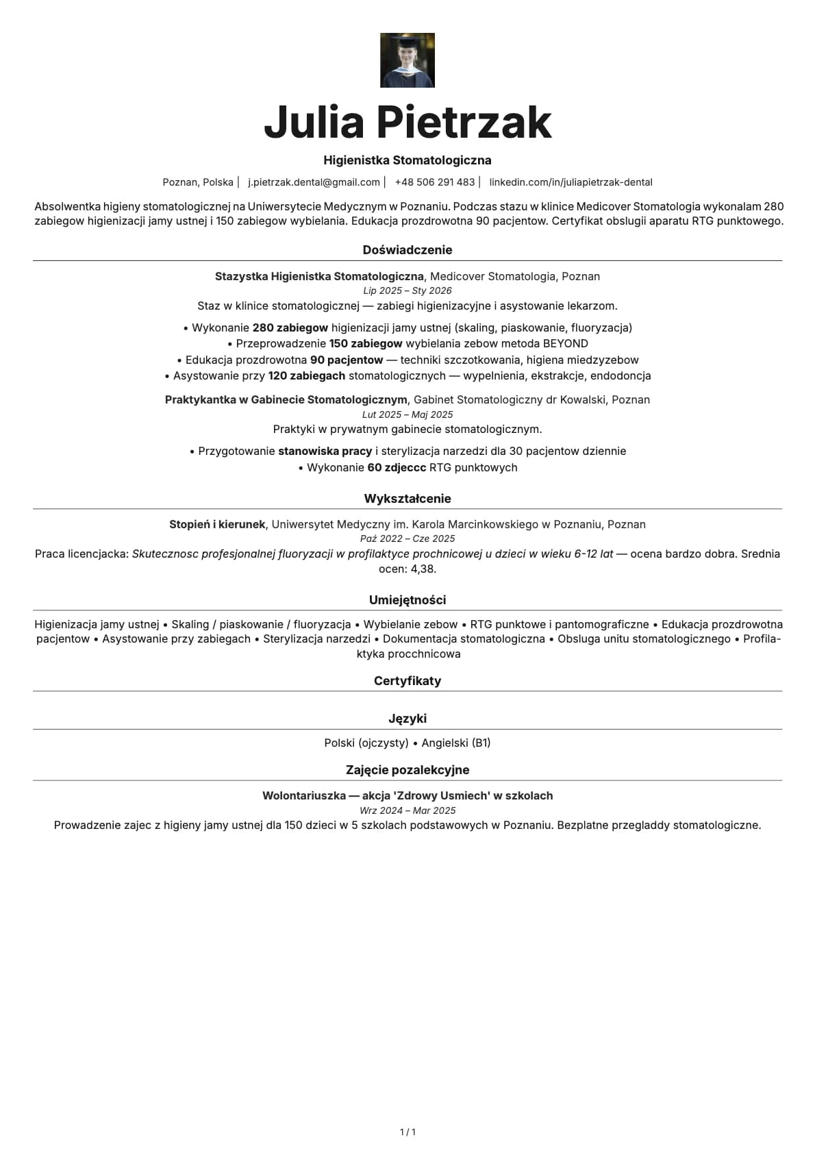 Higienistka Stomatologiczna resume example