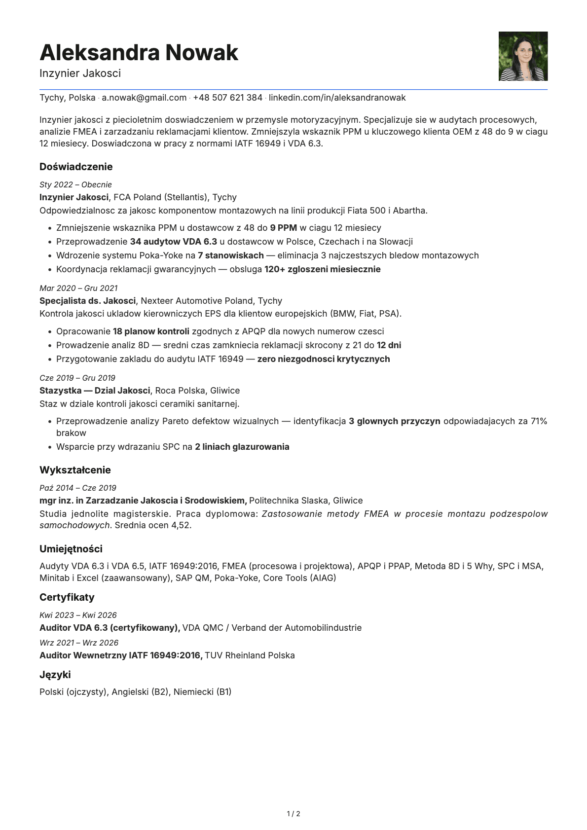 Inżynier Jakości resume example