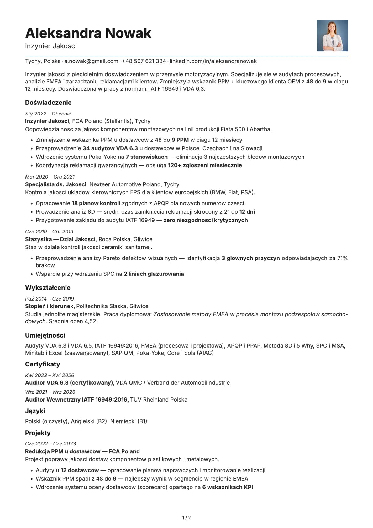 Inżynier Jakości resume example