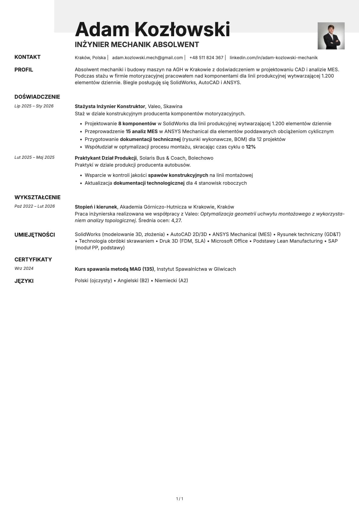Inzynier Mechanik Absolwent resume example