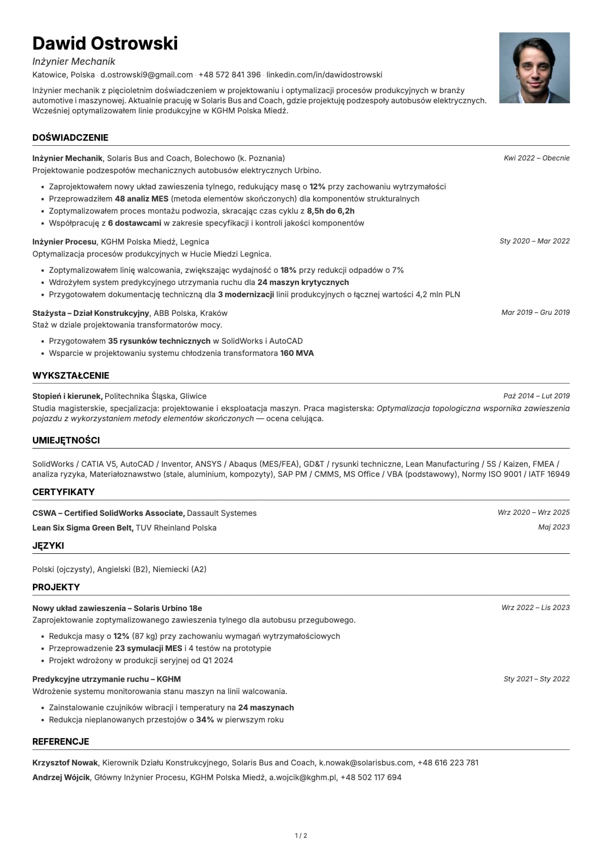 Inżynier Mechanik resume example