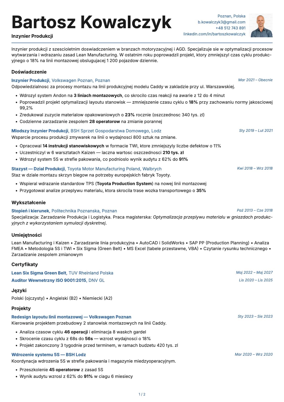 Inżynier Produkcji resume example
