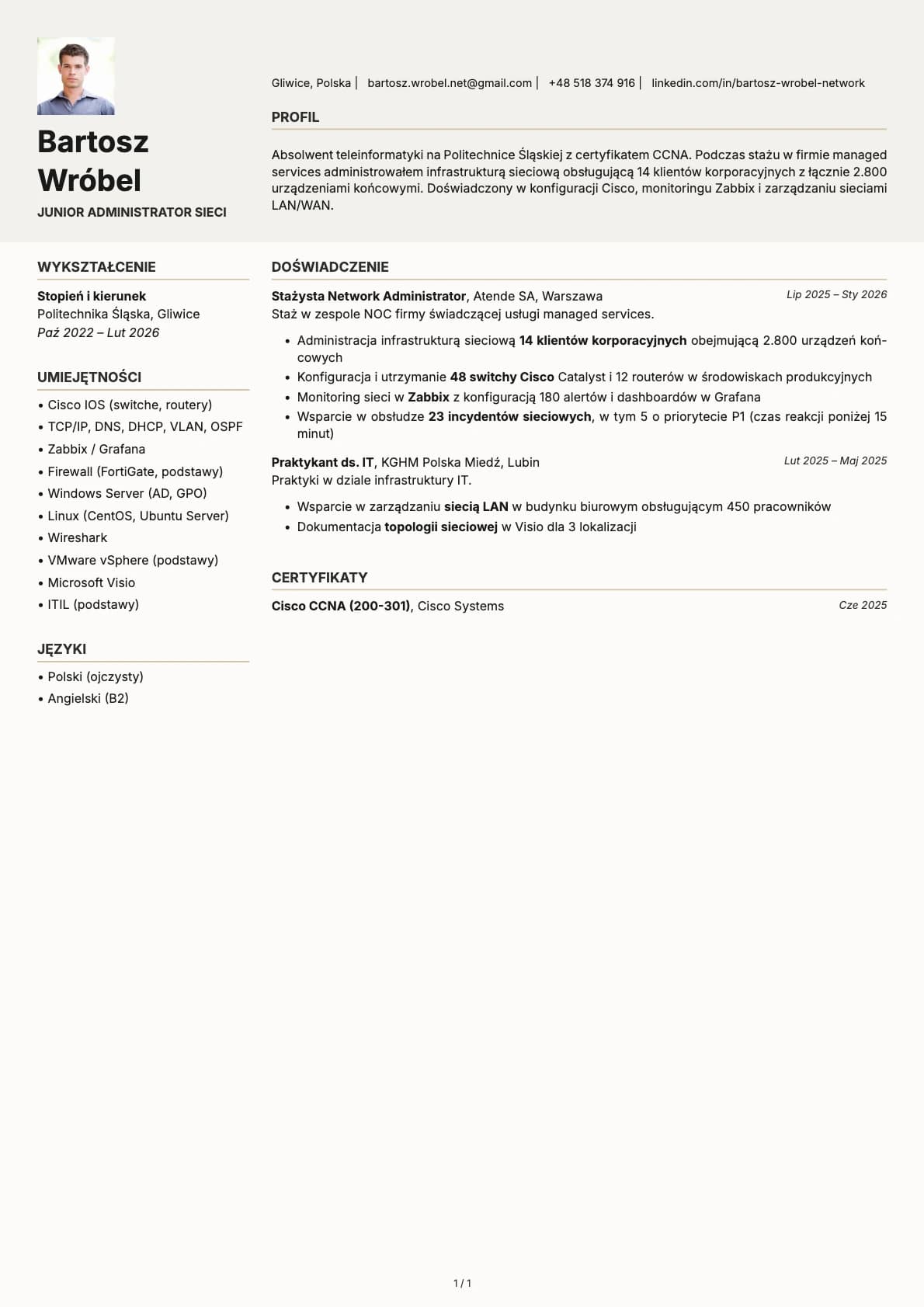 Junior Administrator Sieci resume example