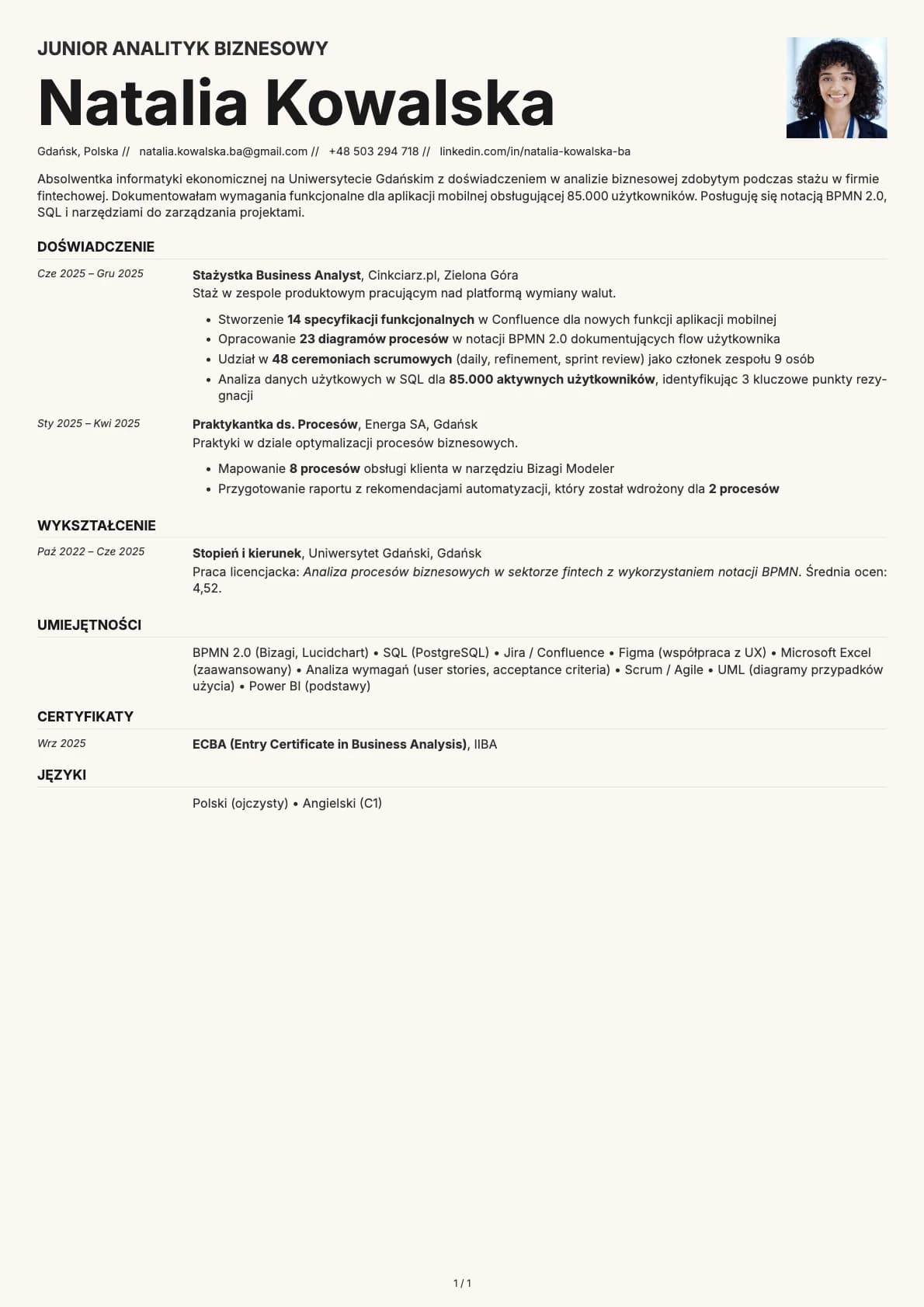 Junior Analityk Biznesowy resume example