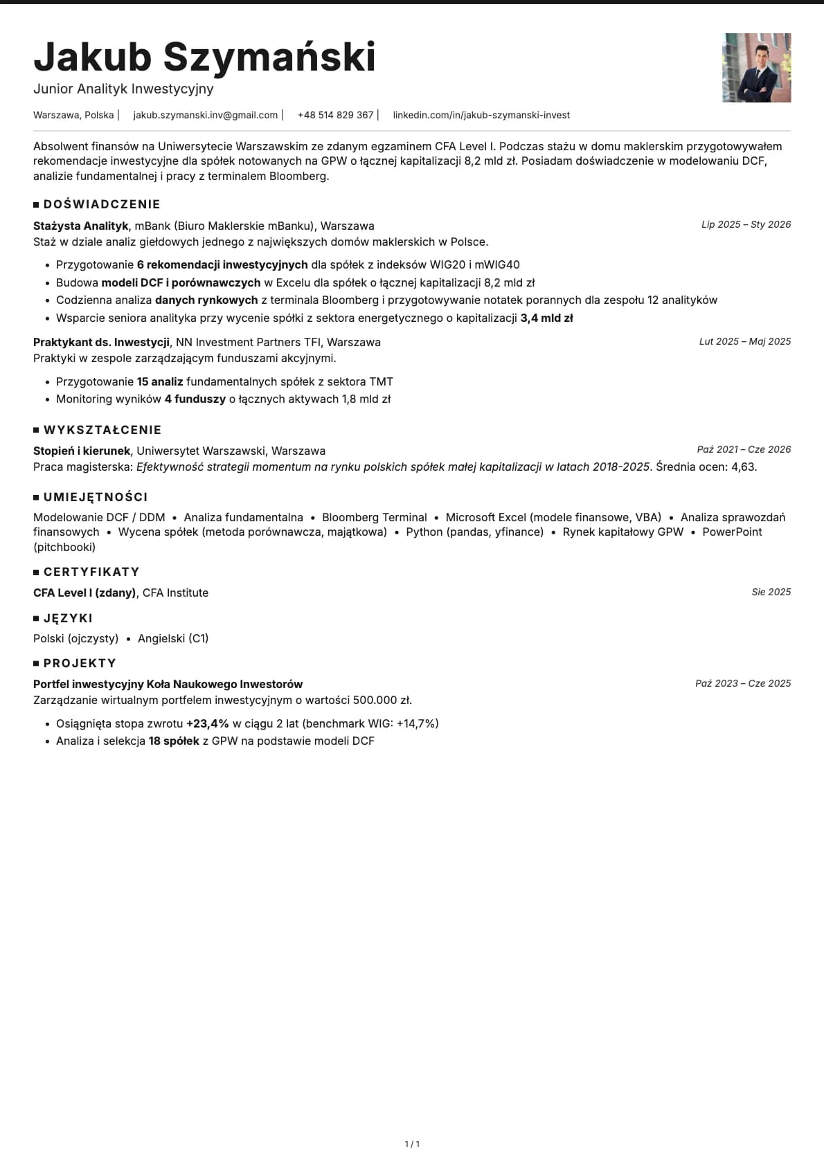 Junior Analityk Inwestycyjny resume example