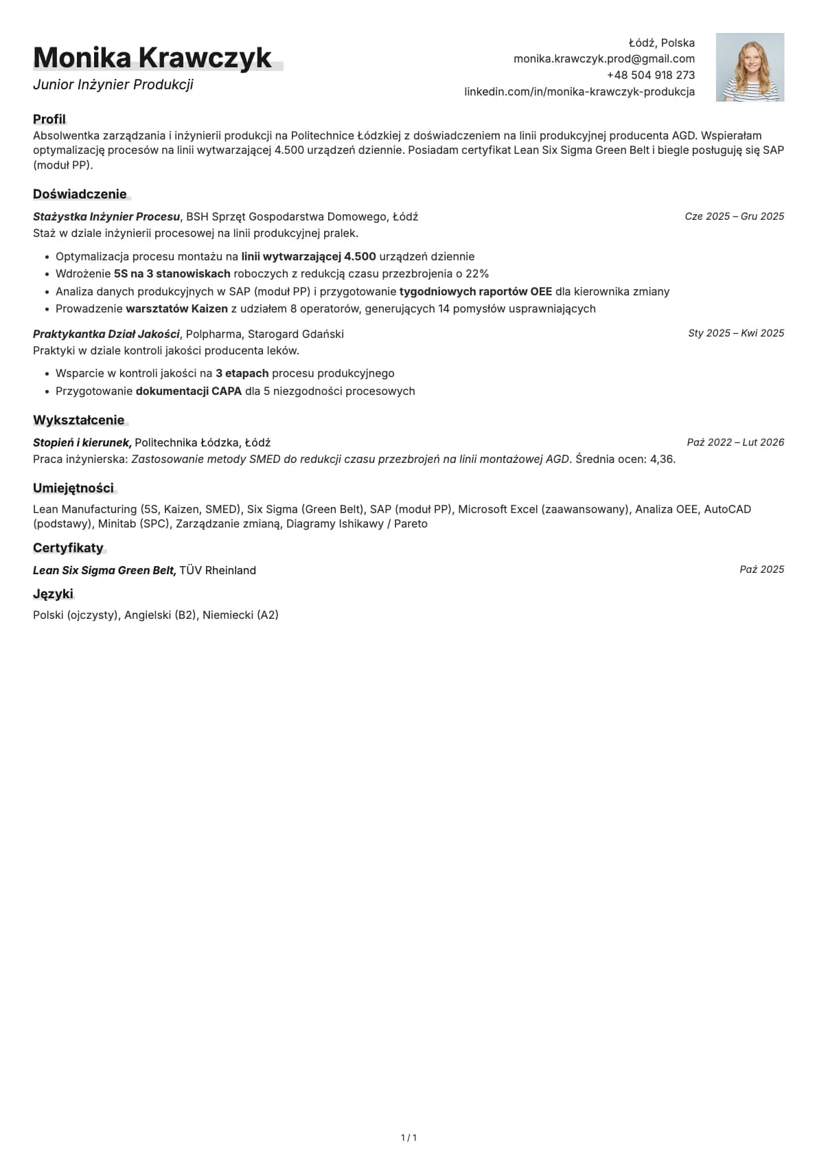 Junior Inzynier Produkcji resume example