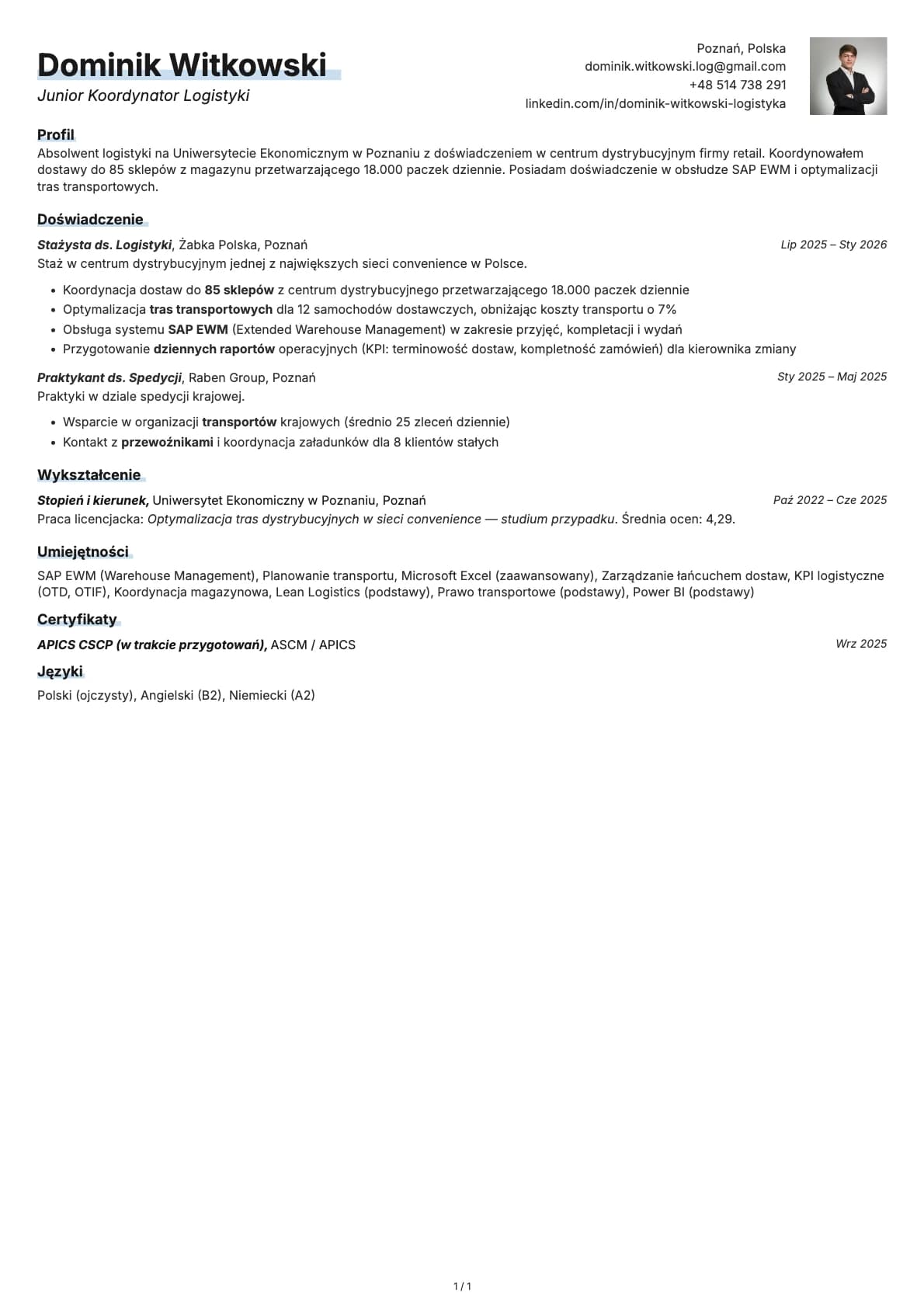 Junior Koordynator Logistyki resume example