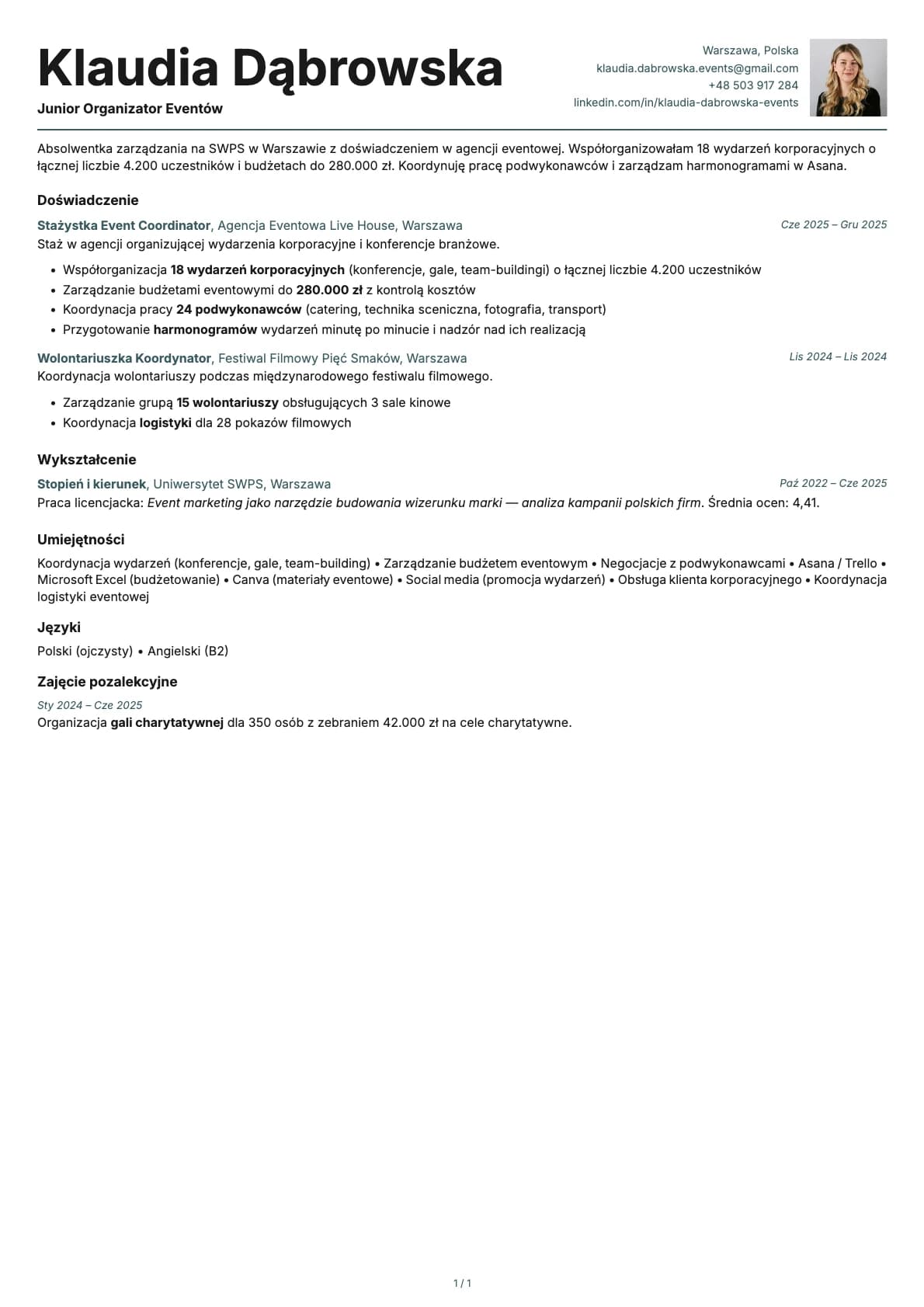 Junior Organizator Eventow resume example