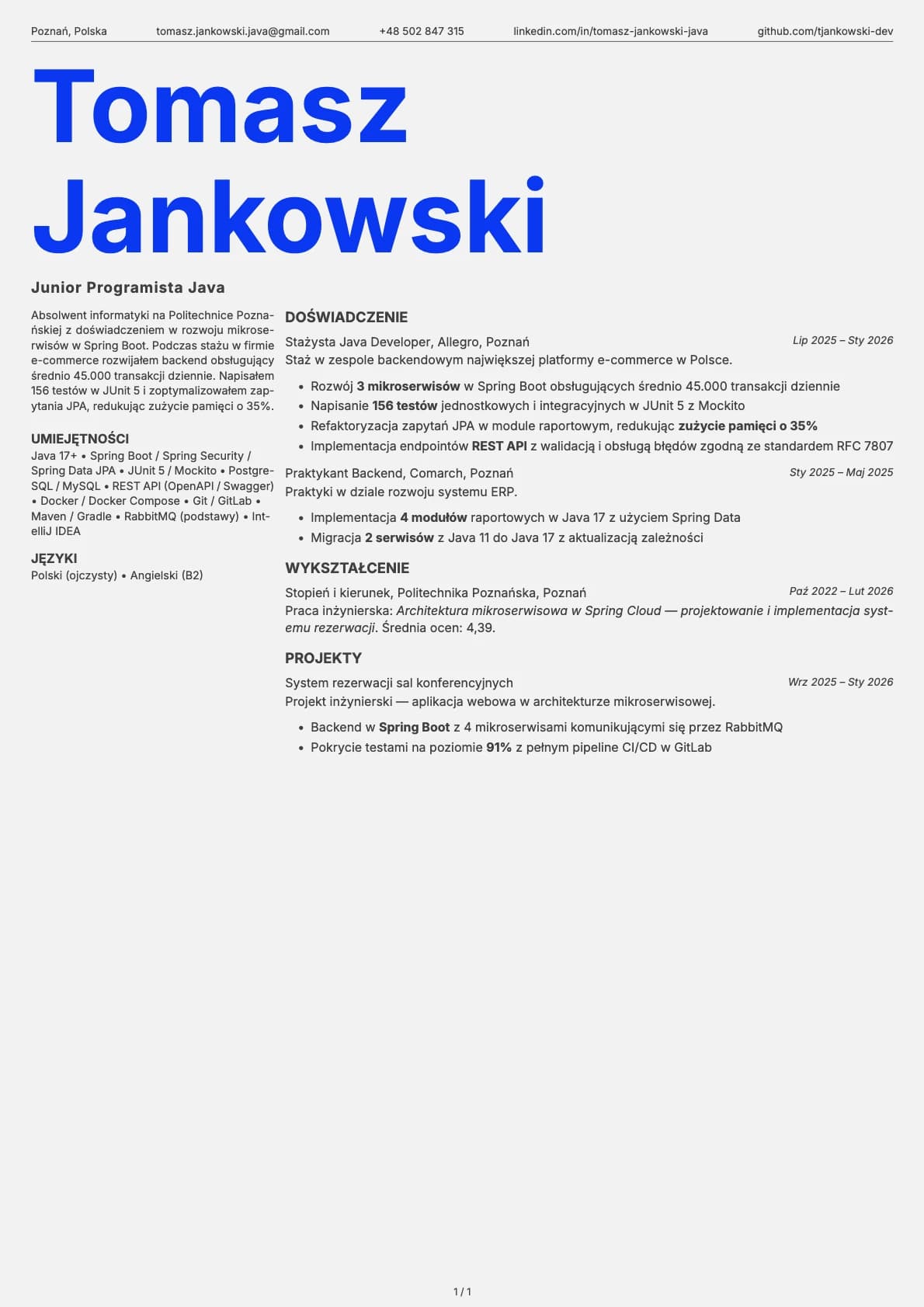 Junior Programista Java resume example