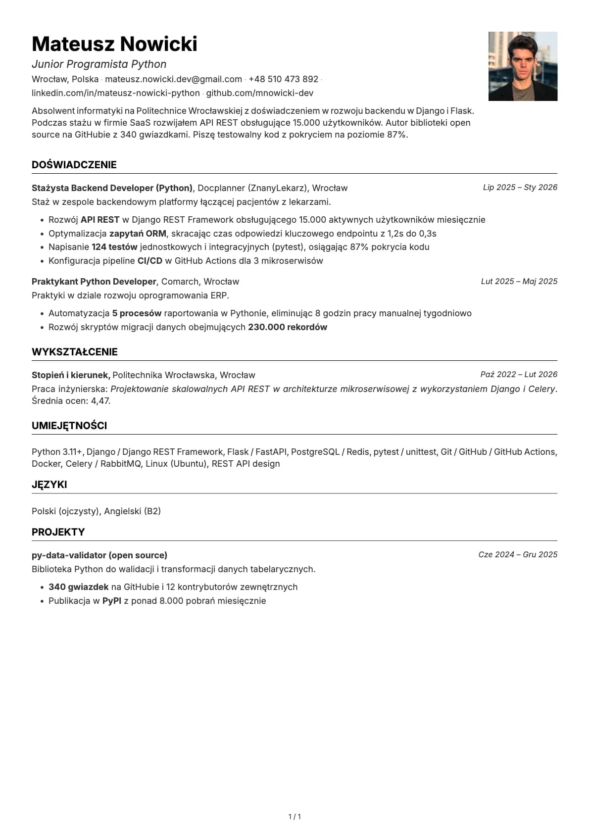 Junior Programista Python resume example