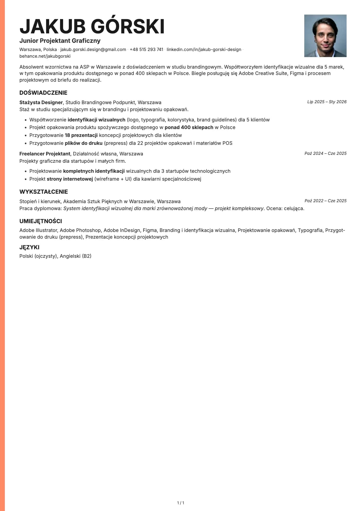Junior Projektant Graficzny resume example
