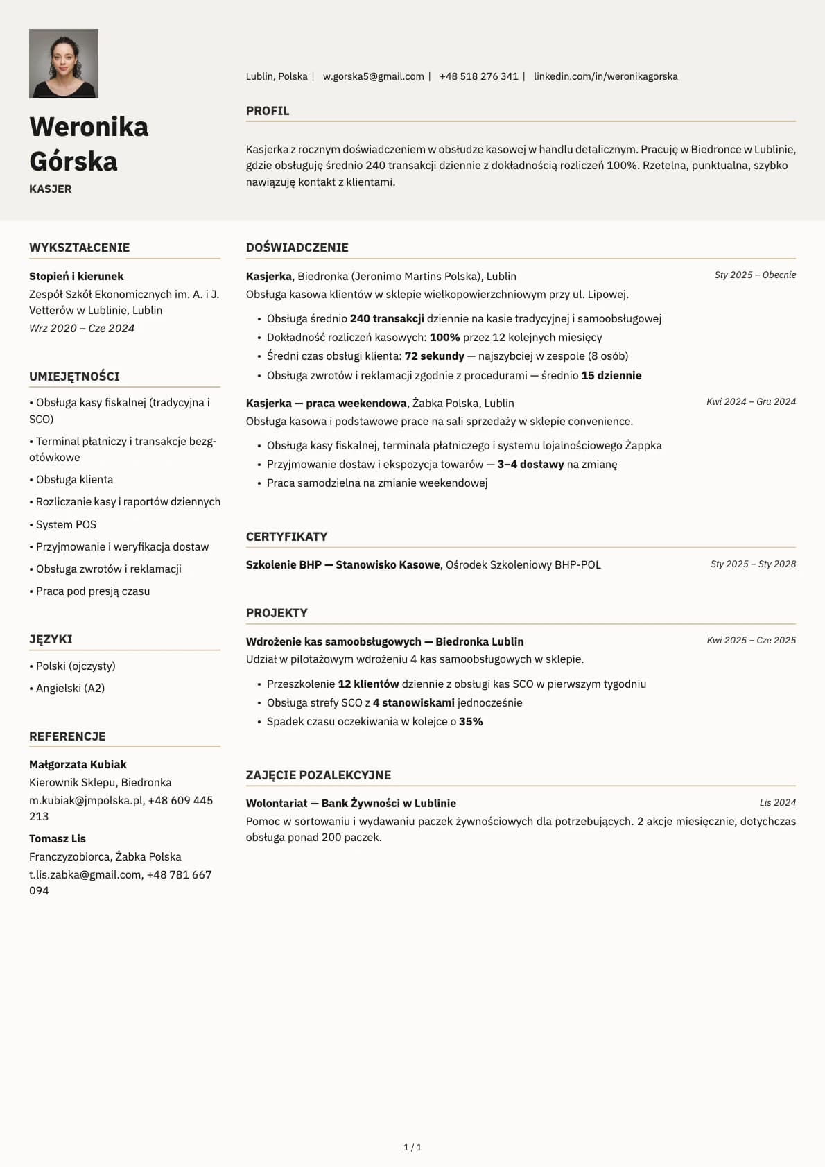 Kasjer resume example