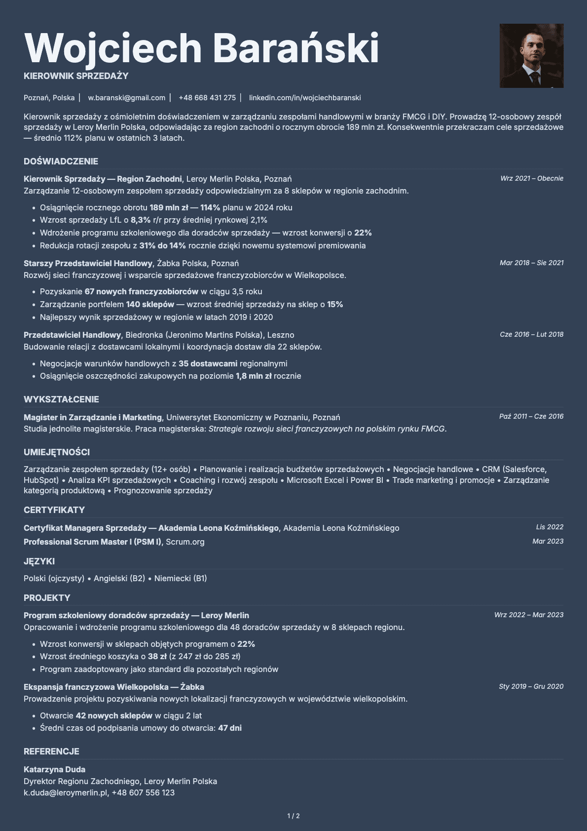 Kierownik Sprzedaży resume example