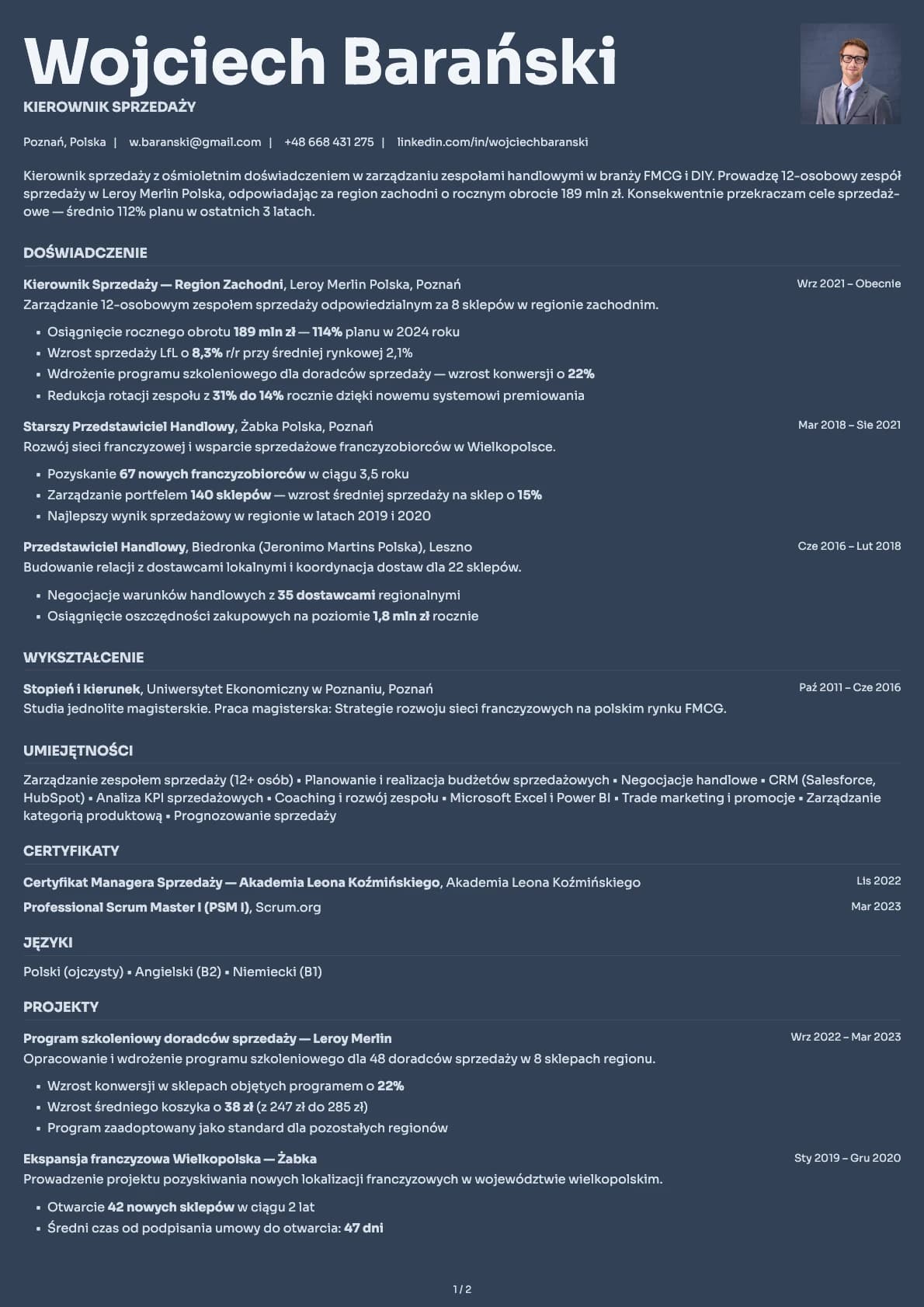 Kierownik Sprzedaży resume example