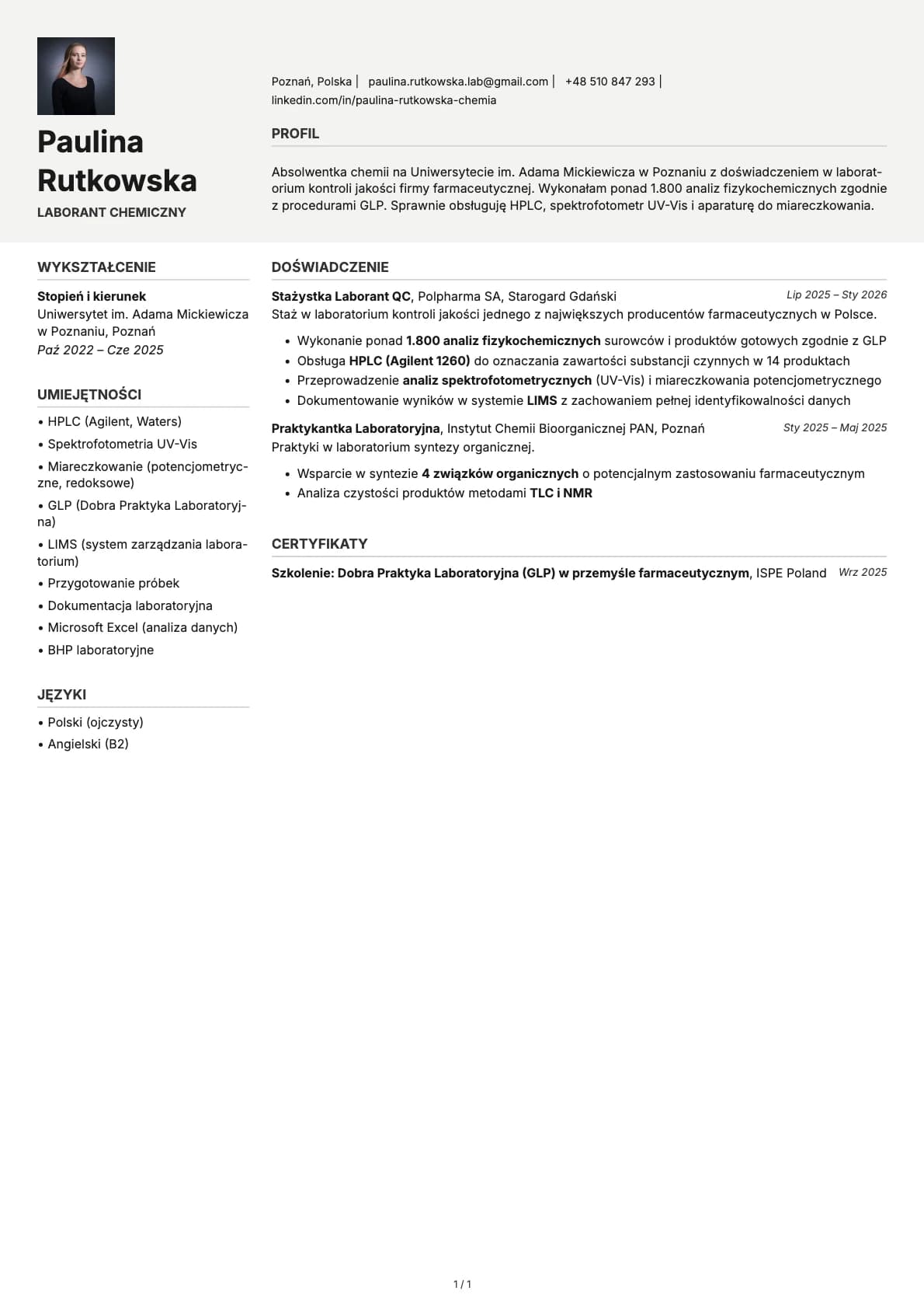 Laborant Chemiczny resume example