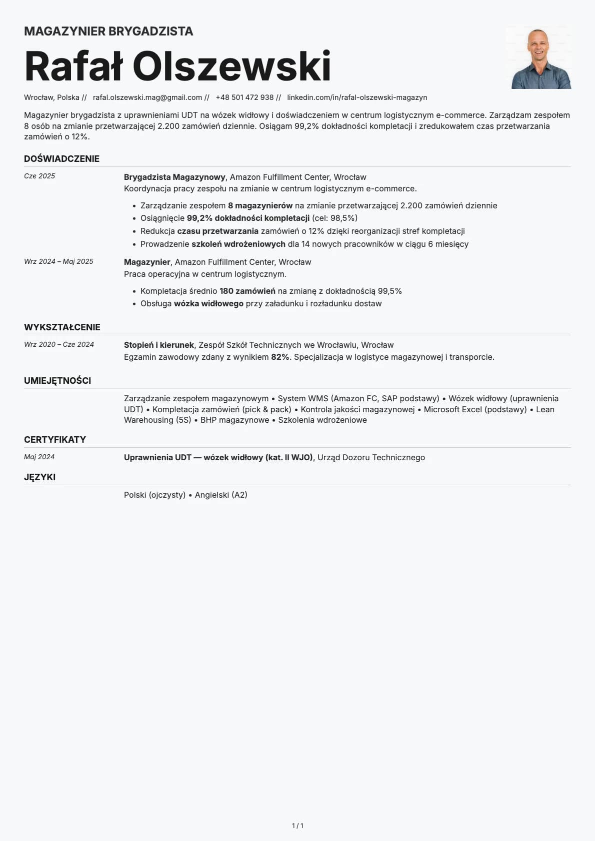 Magazynier Brygadzista resume example