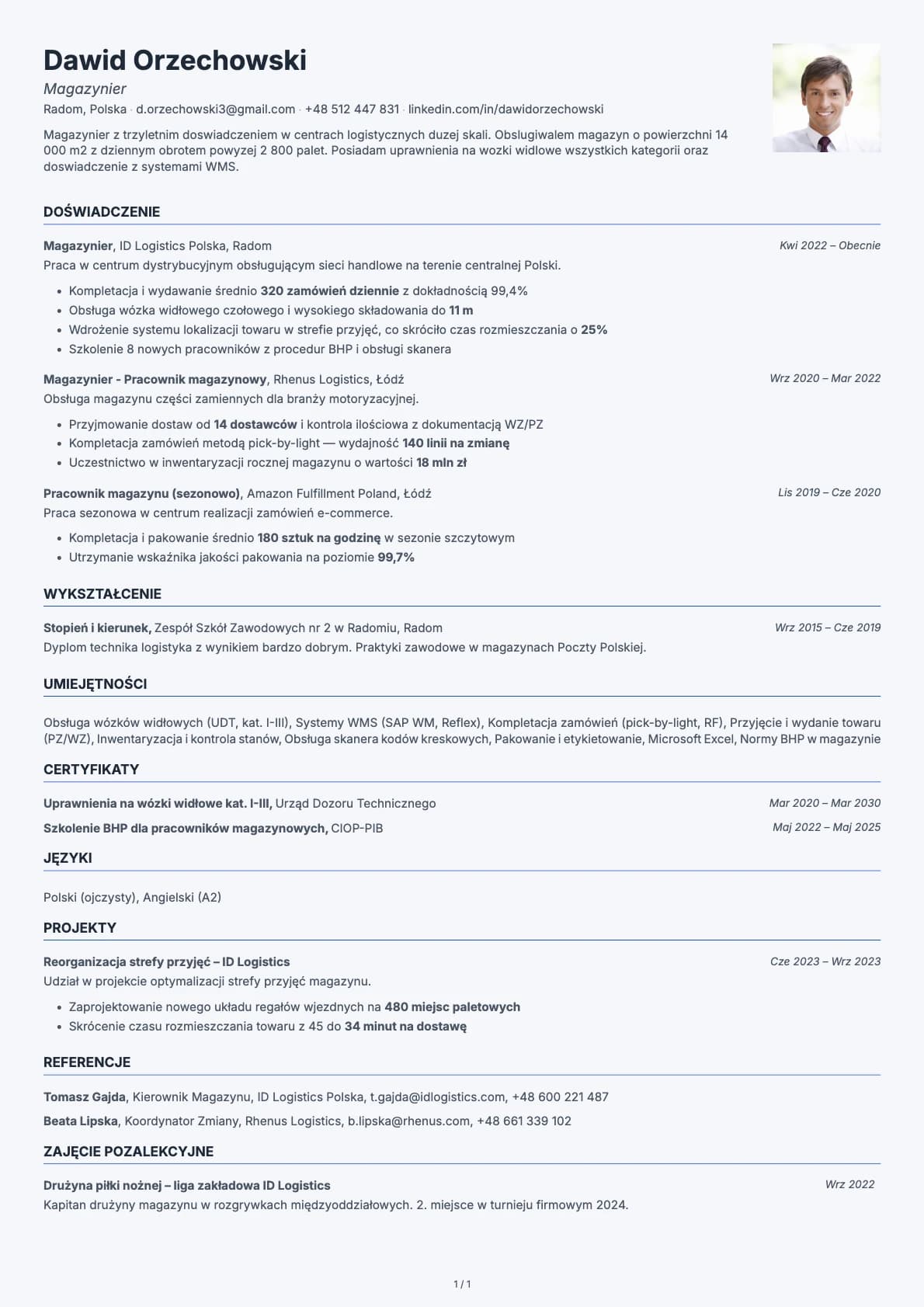 Magazynier resume example
