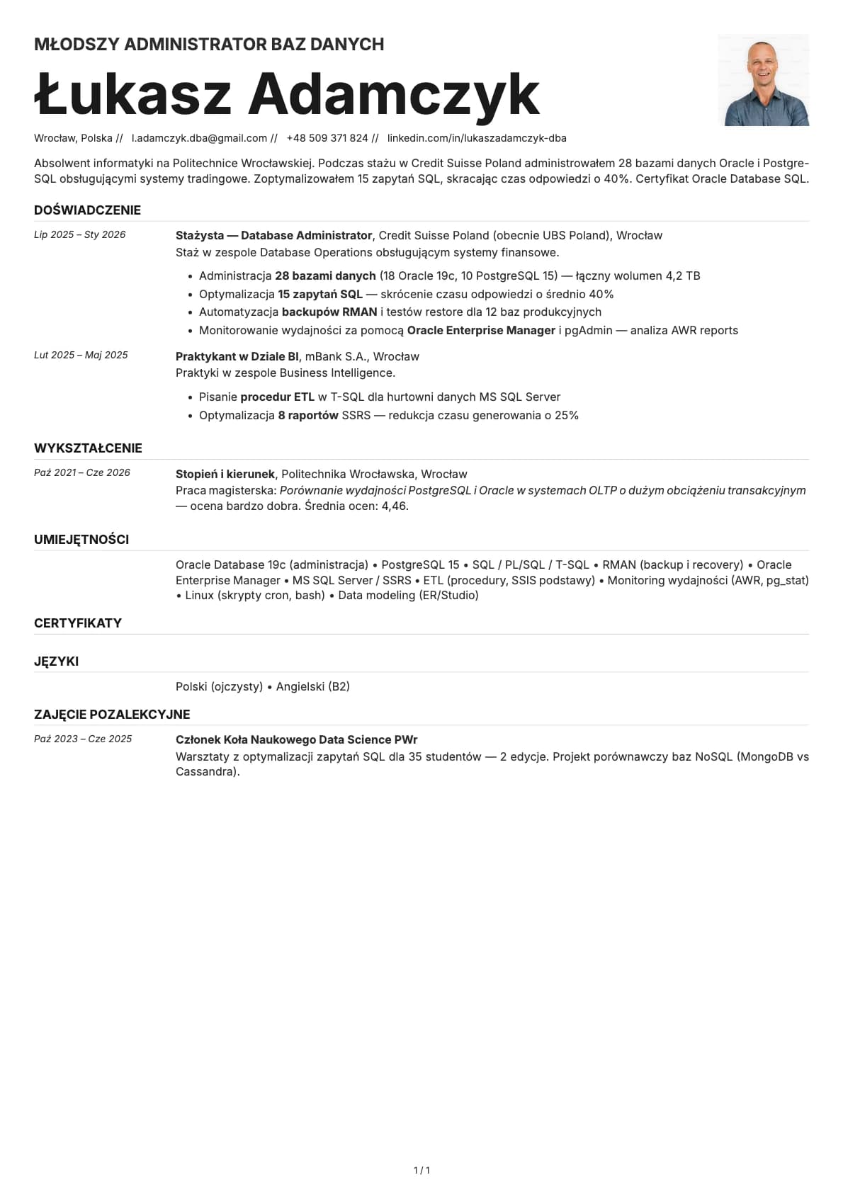 Mlodszy Administrator Baz Danych resume example