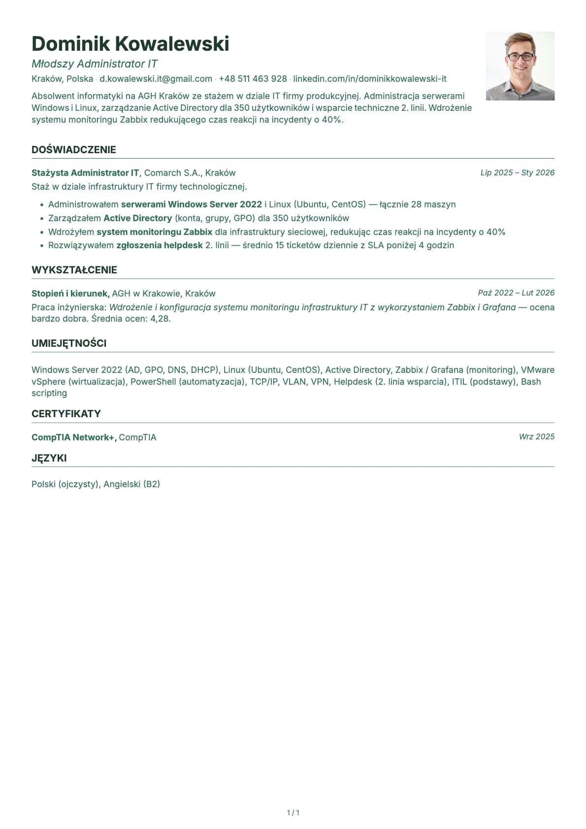 Mlodszy Administrator IT resume example
