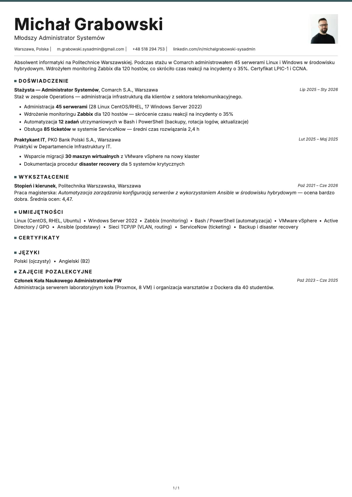 Mlodszy Administrator Systemow resume example
