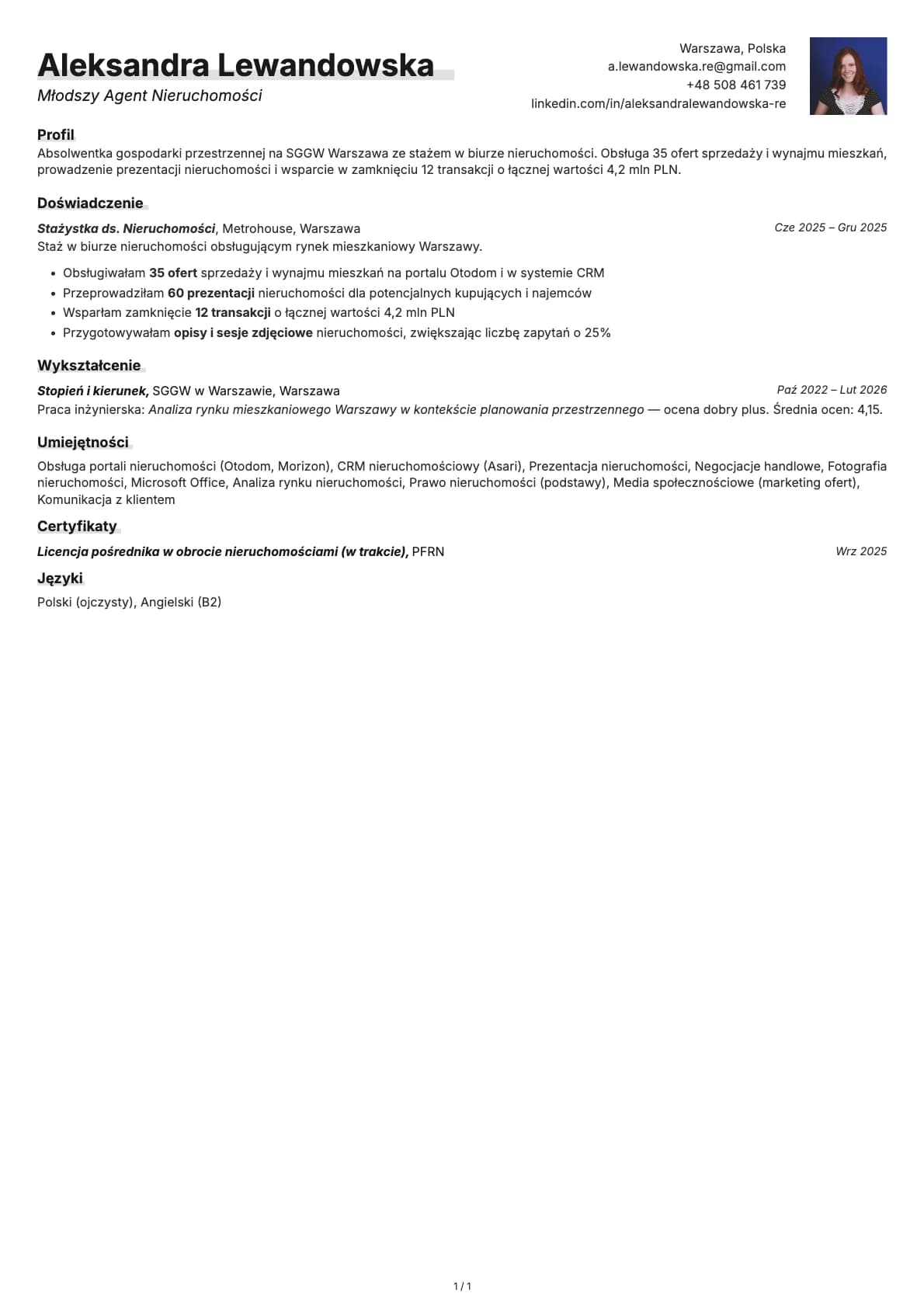 Mlodszy Agent Nieruchomosci resume example